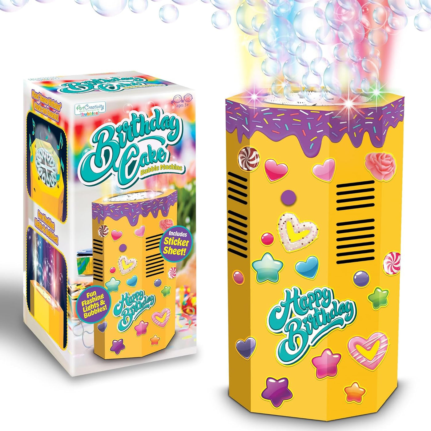 Happy Birthday Bubble Machine with Music - 9" Fake Birthday Cake Bubble Machine - Kids Bubble Blower Sings Happy Birthday - Firework Bubble Machine with LED's, Shower Bubbles, and Music