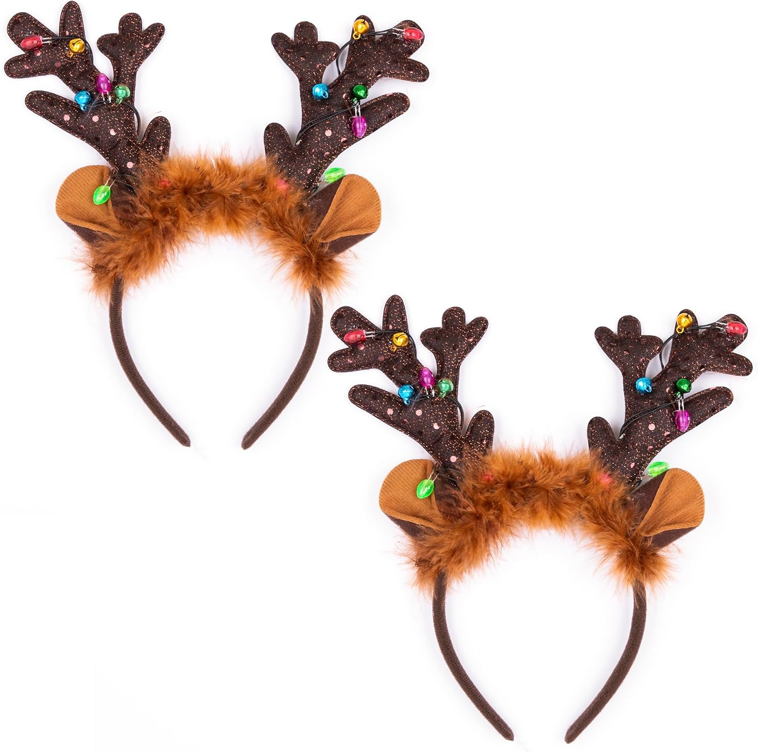 Light Up Christmas Reindeer Headbands - Set of 2 - Christmas Reindeer Antlers Headband Set - Reindeer Ears Headbands with LED Lights and Jingling Bells
