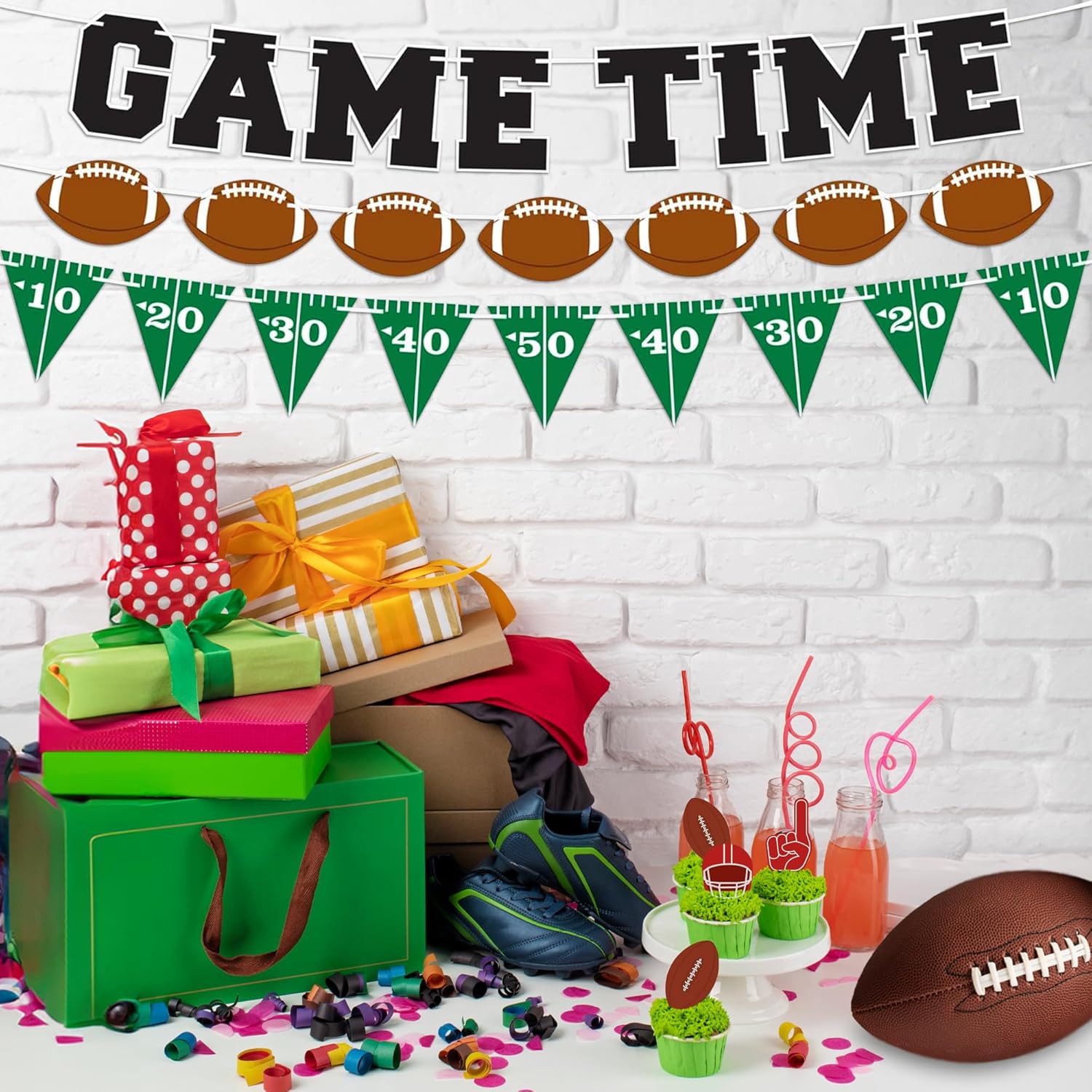 Game Time Football Banner Decoration - Set of 3 - Pre-Strung Football Theme Pennant Flags Banner for Superbowl Party Decorations