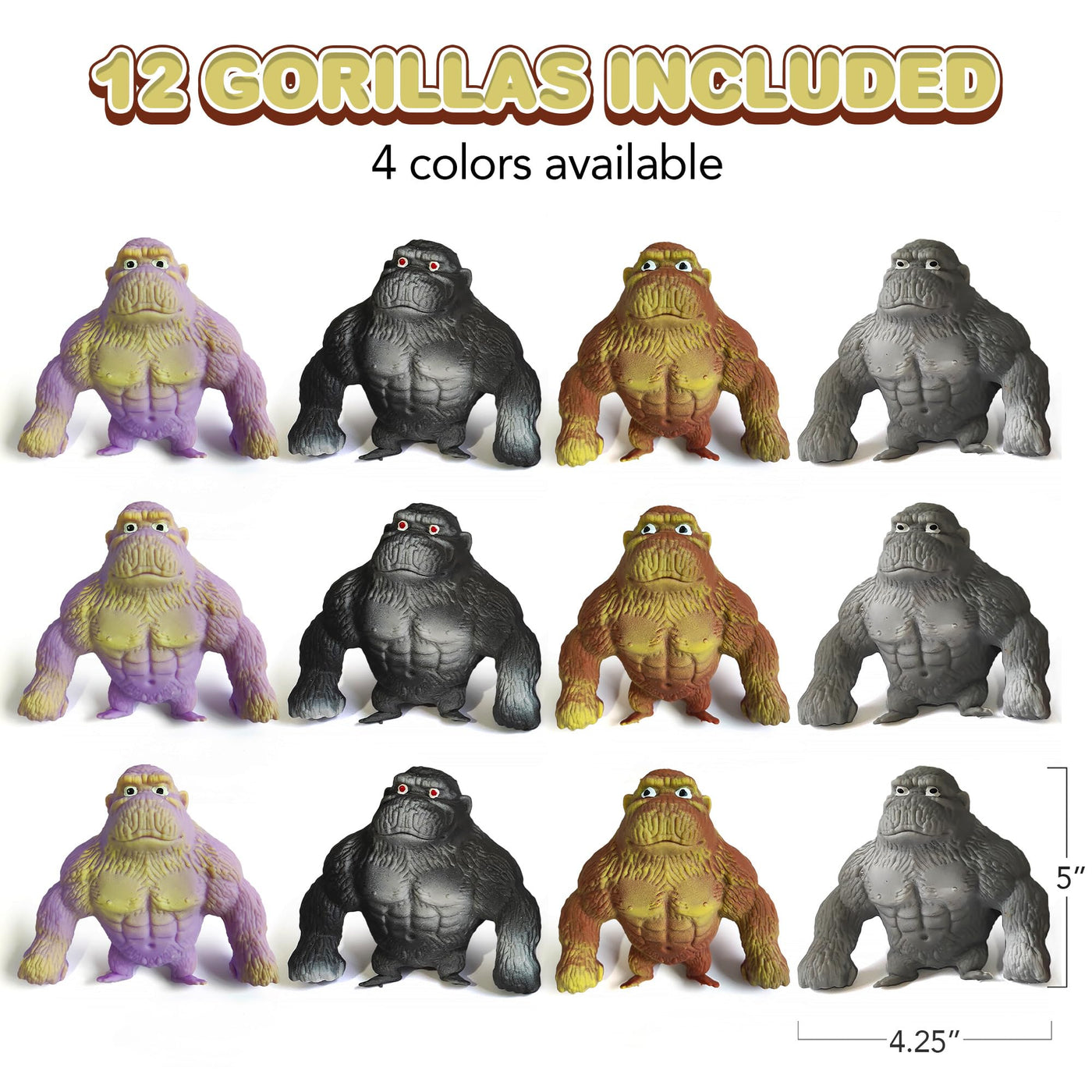 12 PK Full-Size Stretchy Gorilla Toys - Squishy Gorilla Fidget Toys in 4 Colors - Arms Extend Up to 3 Feet - Unique Sandy Feel - Fidget Party Favors - Jungle Party Supplies