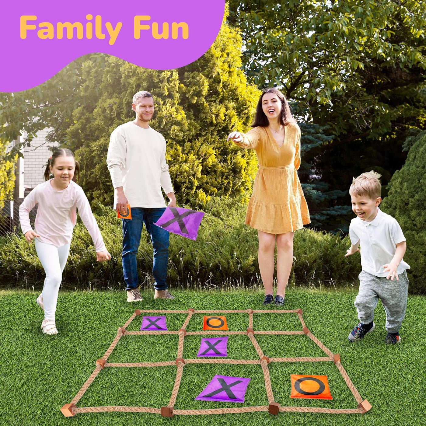 Giant Tic Tac Toe Game Outdoor - 3 x 3 Feet - Includes Rope Grid, 10 Bean Bag Play Pieces, and 1 Drawstring Carry Bag - Large Yard Games - Outdoor Game for Patio, Picnic, Camping