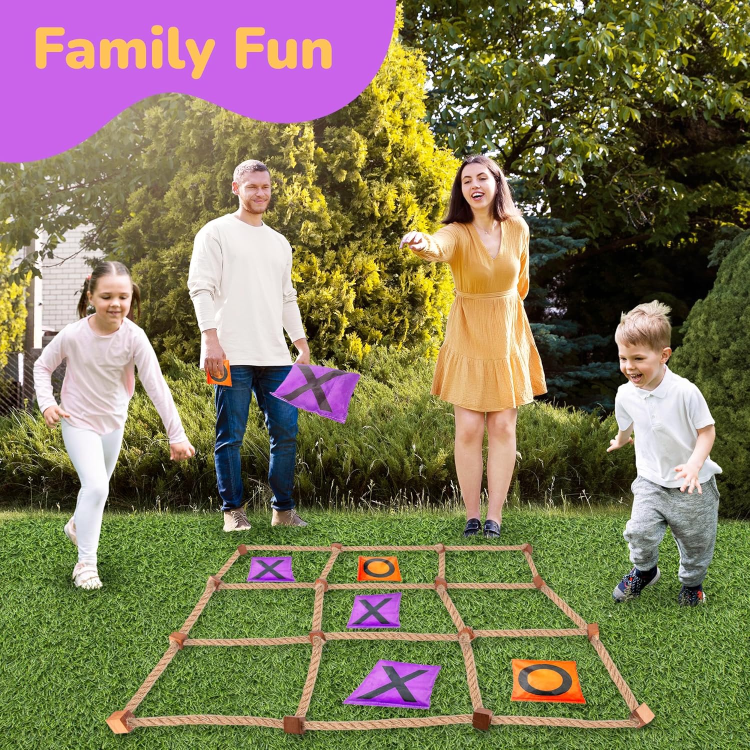Giant Tic Tac Toe Game Outdoor - 3 x 3 Feet - Includes Rope Grid, 10 Bean Bag Play Pieces, and 1 Drawstring Carry Bag - Large Yard Games - Outdoor Game for Patio, Picnic, Camping