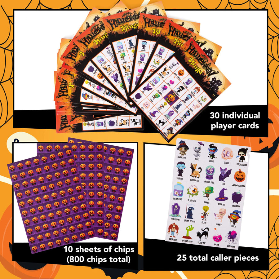 Halloween Bingo for Kids - 55 PC Halloween Bingo Game - Scary Kids Bingo for Up to 30 Players - Includes Halloween Bingo Cards and 25 Chips