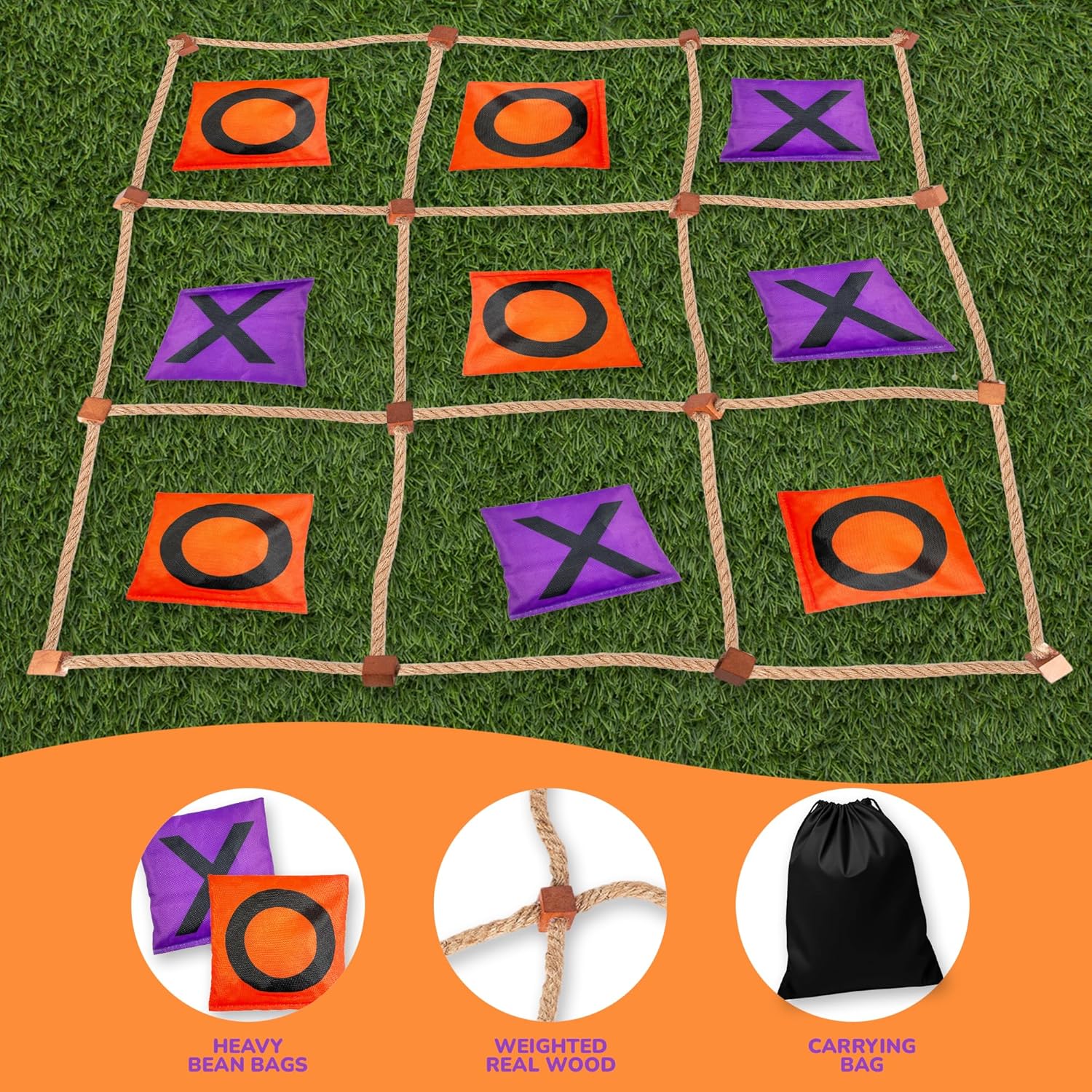 Giant Tic Tac Toe Game Outdoor - 3 x 3 Feet - Includes Rope Grid, 10 Bean Bag Play Pieces, and 1 Drawstring Carry Bag - Large Yard Games - Outdoor Game for Patio, Picnic, Camping