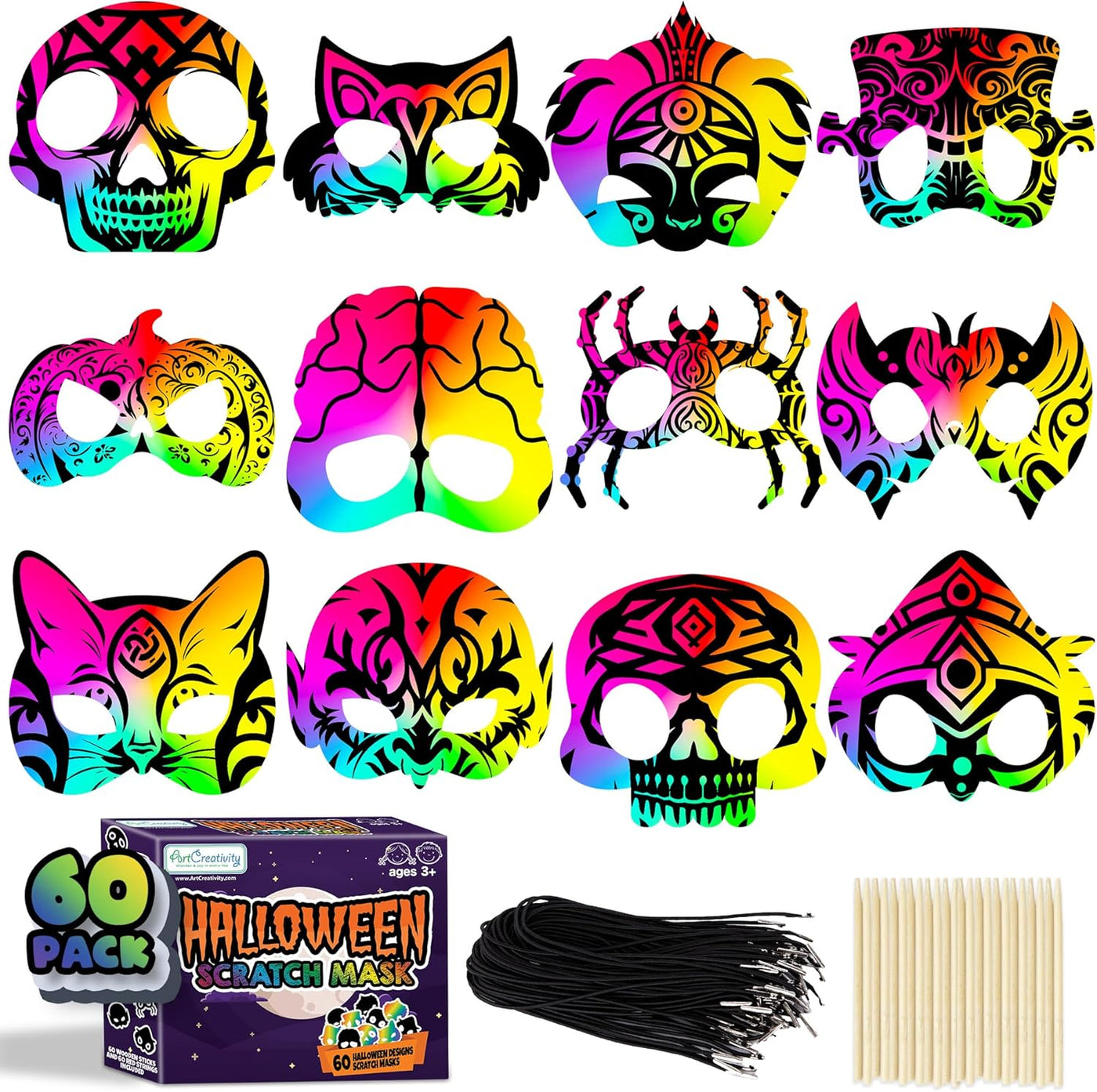 Halloween Scratch Masks for Kids - Set of 60 Halloween Scratch Art Masks - Includes Bulk Halloween Masks, Elastic Strings, and Wooden Scratch Sticks