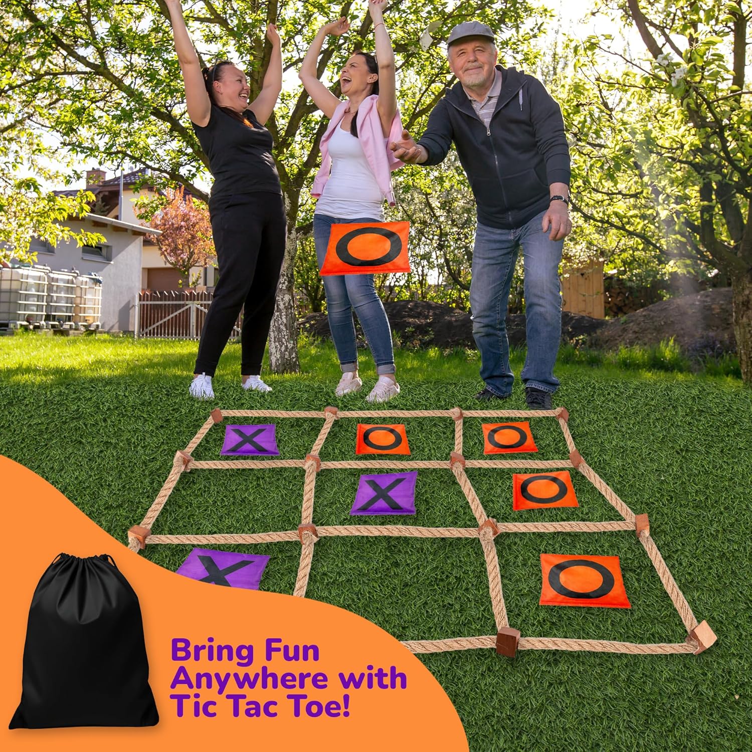 Giant Tic Tac Toe Game Outdoor - 3 x 3 Feet - Includes Rope Grid, 10 Bean Bag Play Pieces, and 1 Drawstring Carry Bag - Large Yard Games - Outdoor Game for Patio, Picnic, Camping