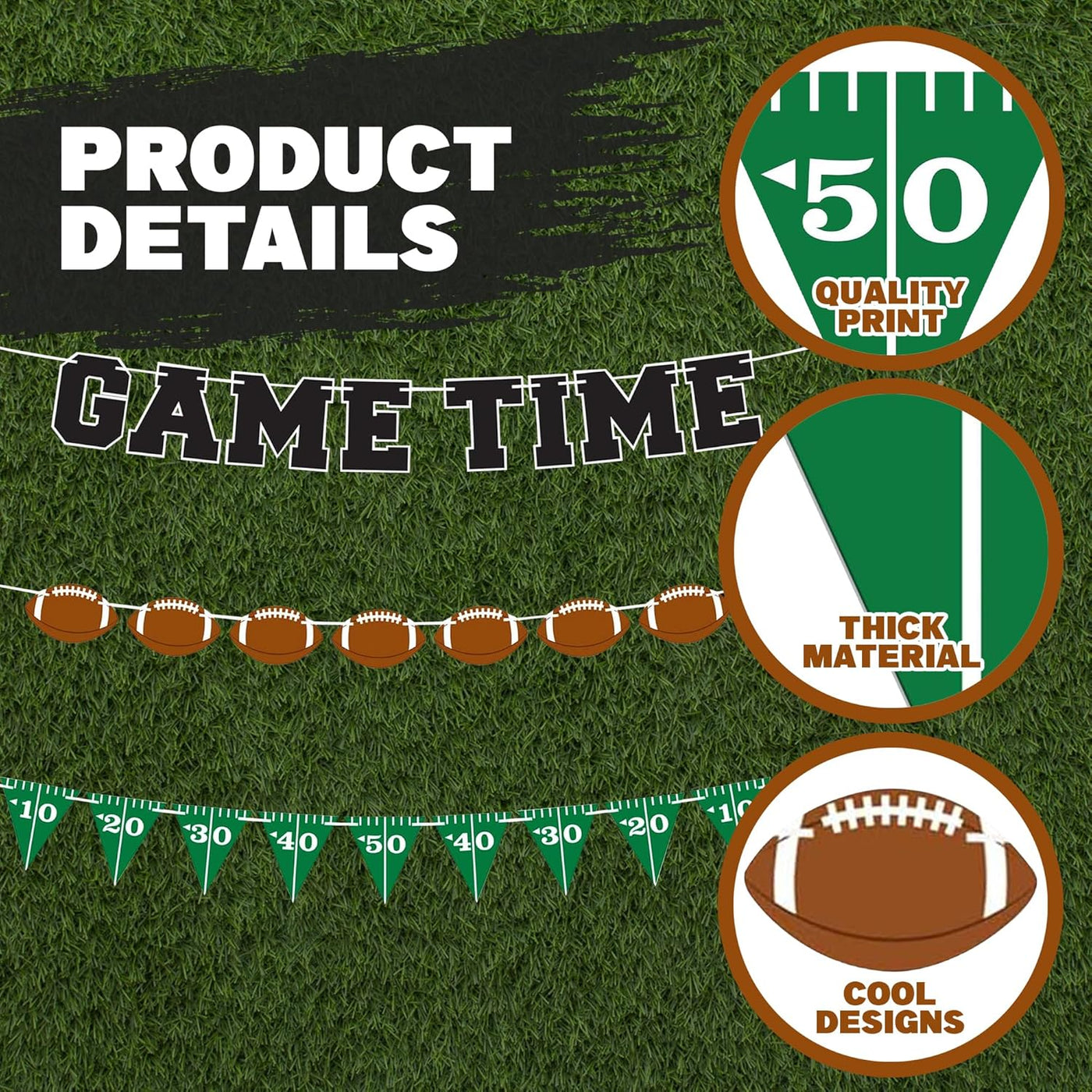 Game Time Football Banner Decoration - Set of 3 - Pre-Strung Football Theme Pennant Flags Banner for Superbowl Party Decorations