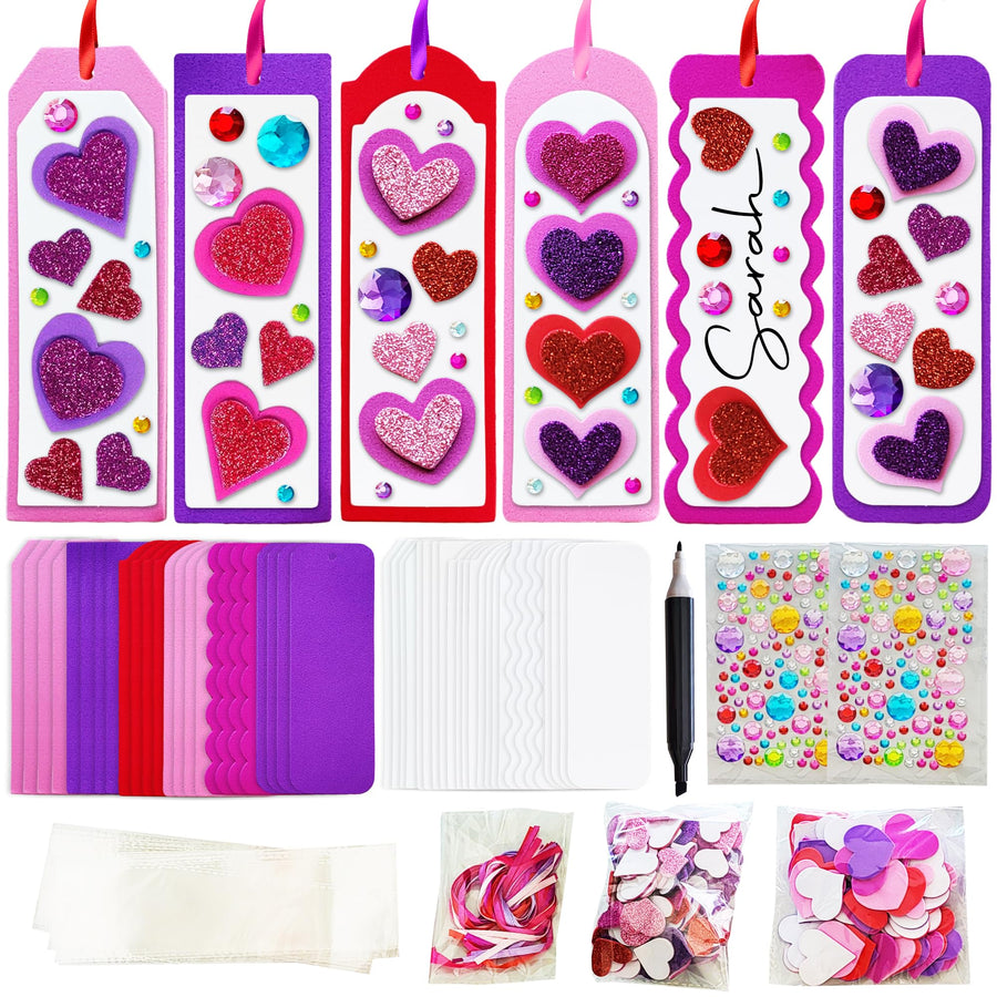 314 PCS Valentine’s Day Bookmark Craft Kit - Makes 24 Bookmarks - Valentine Crafts for Kids Classroom - Valentines Bookmark Craft Kit with Hearts, Glitter Stickers, Rhinestones, Ribbons