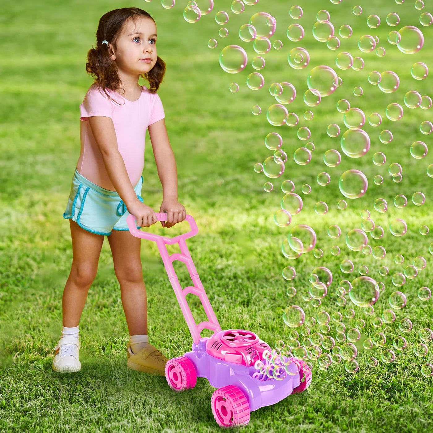 Bubble Lawn Mower for Kids, Electronic Outdoor Push Bubble Blower with Refills