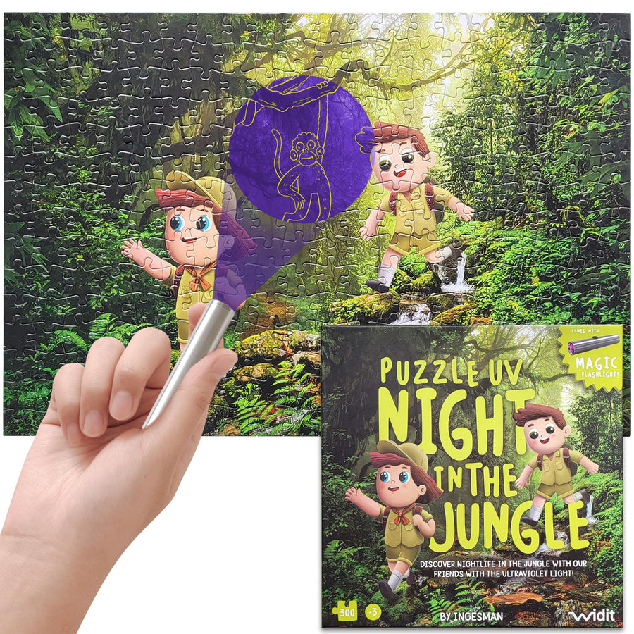300 PC Glow in The Dark Puzzle - 300-Piece Night in The Jungle Jigsaw Puzzle for Kids with UV Light That Reveals Glow in The Dark Animals