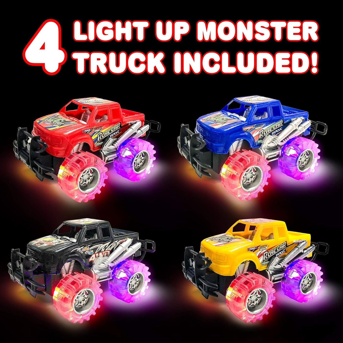 Light Up Monster Truck Toy Set – 4-Pack for Kids Ages 3+