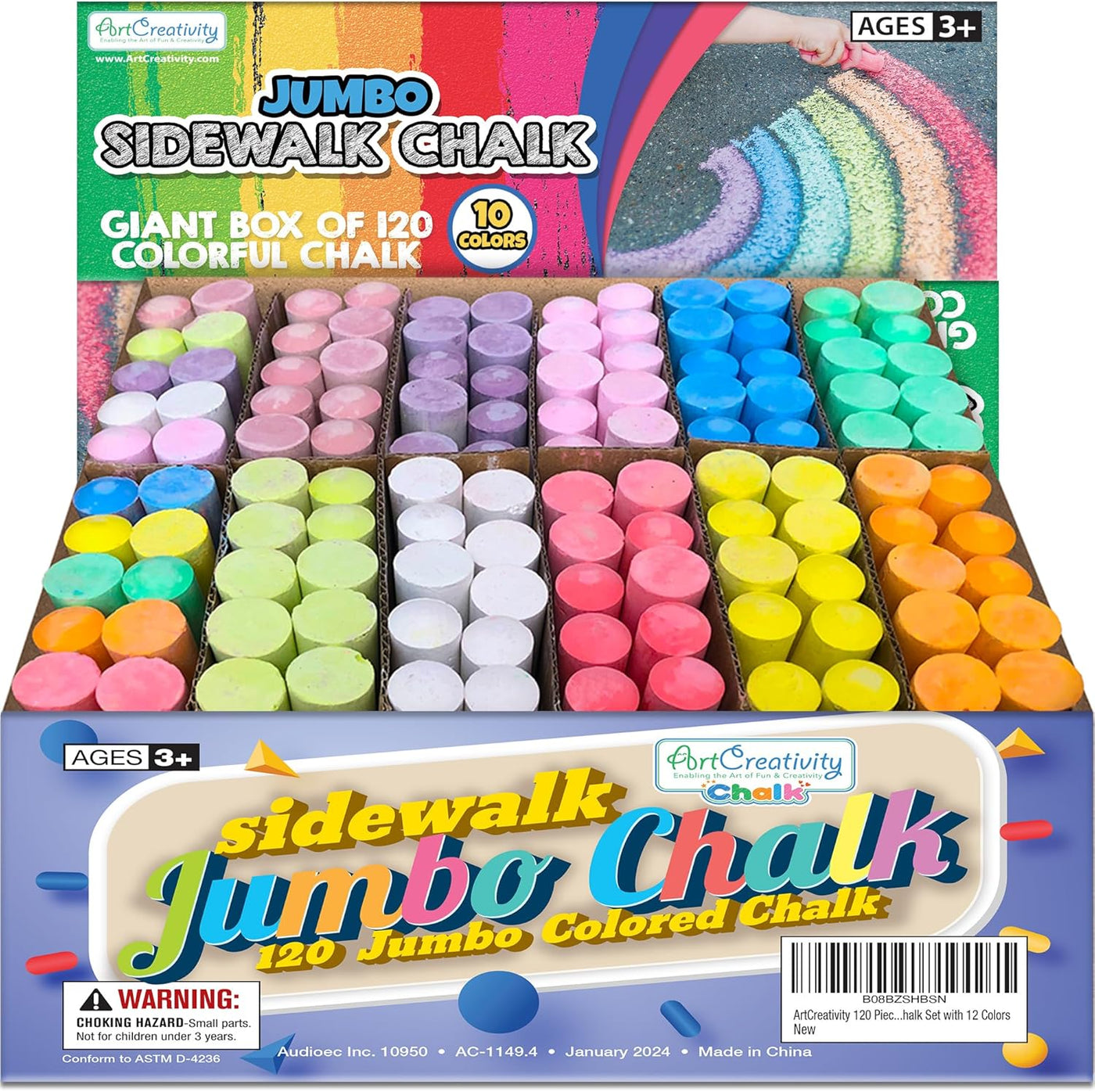 Jumbo Sidewalk Chalk Set for Kids, Giant Box of 120 Colorful Chalk Pieces, Non-Toxic, Dust-Free, Washable Chalk in 10 Colors, For Driveway, Pavement, Outdoors, Great Arts & Crafts