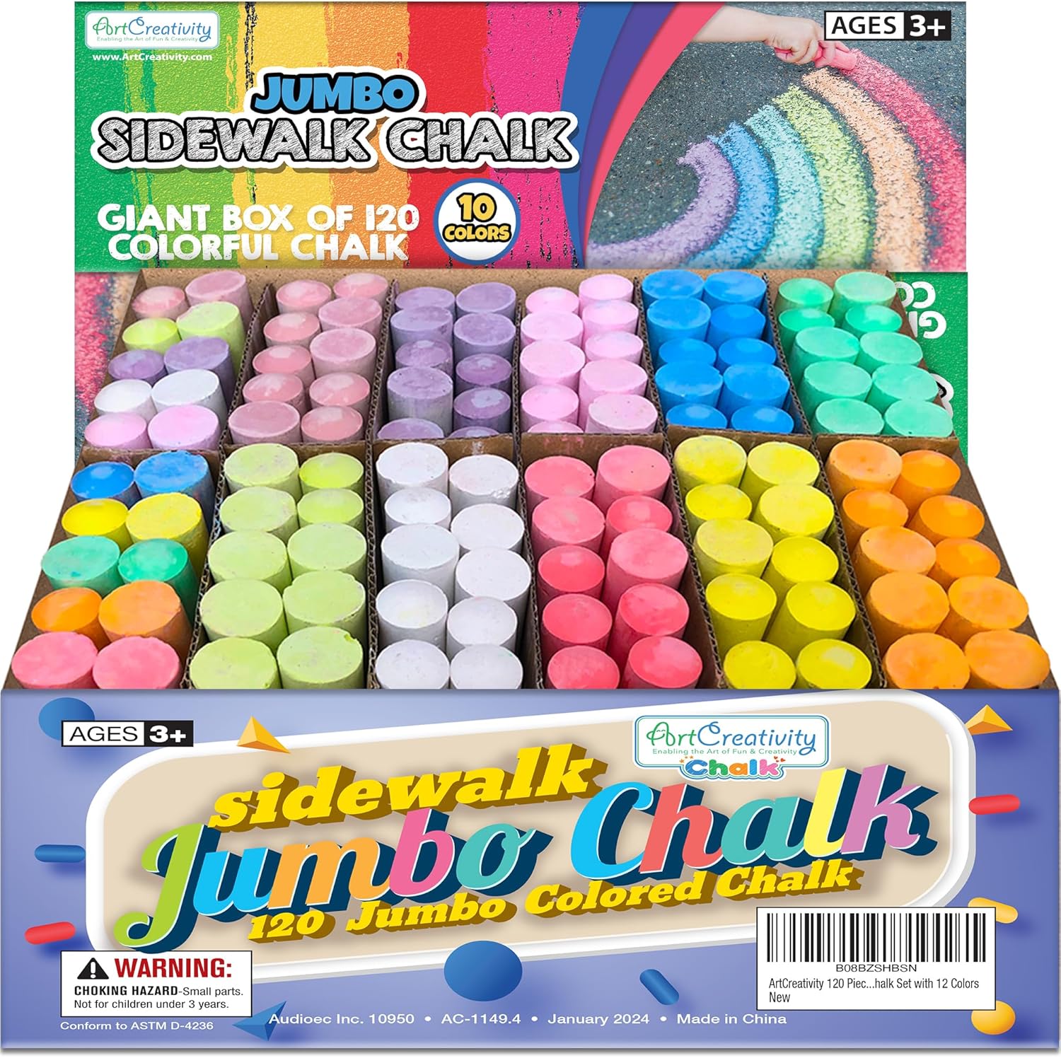 Jumbo Sidewalk Chalk Set for Kids, Giant Box of 120 Colorful Chalk Pieces, Non-Toxic, Dust-Free, Washable Chalk in 10 Colors, For Driveway, Pavement, Outdoors, Great Arts & Crafts