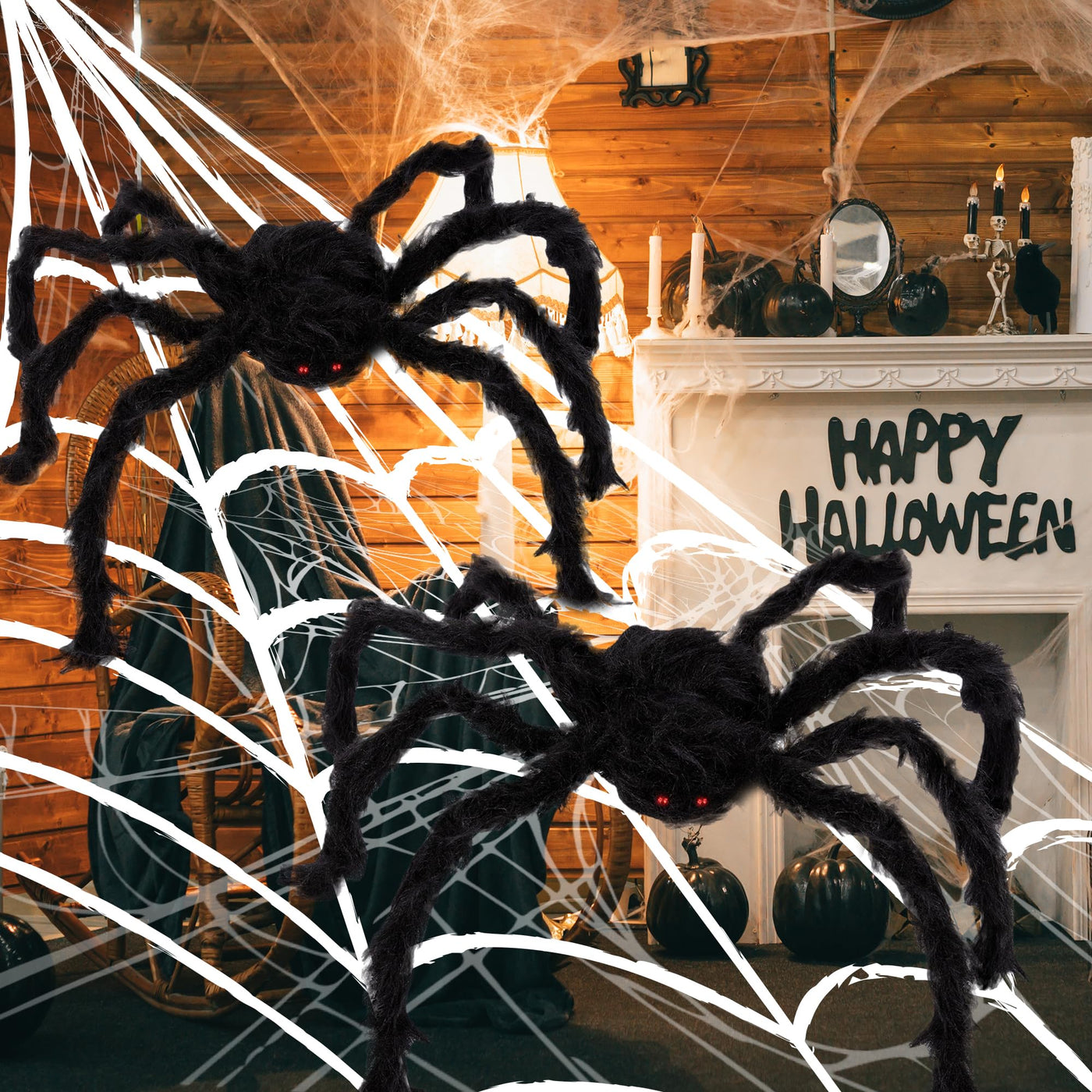 Giant Spider Halloween Decorations - Includes Two 24" Spiders and a 16.4' Spider Web - Outdoor Spider Web Decoration with 2 Giant Spiders