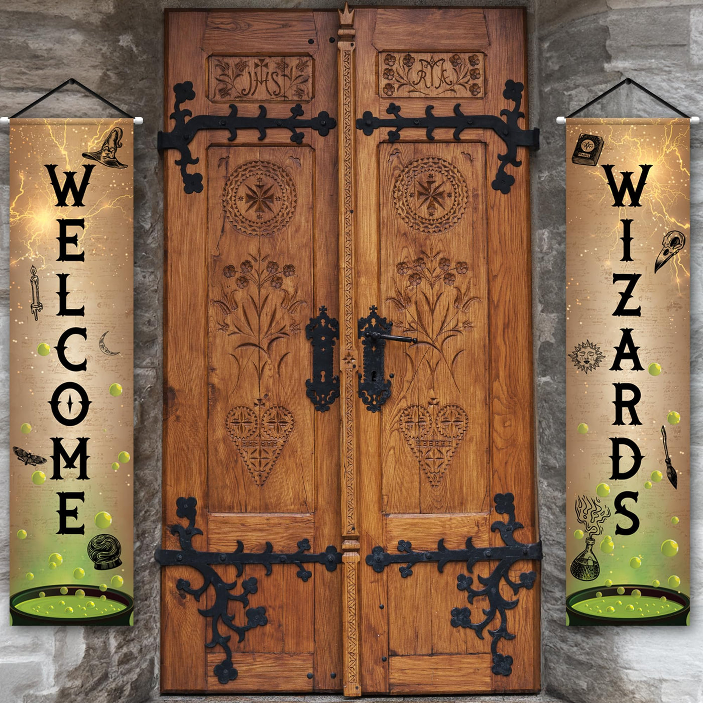 Welcome Wizards Door Banner - 2 Pieces - 4 Feet Long Wizard Banner - Polyester Magic Party Banners with Dowels and String for Easy Hanging