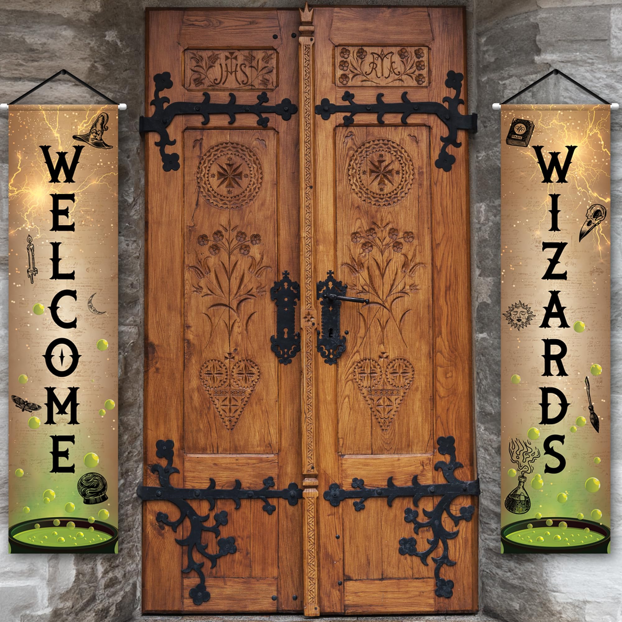 Welcome Wizards Door Banner - 2 Pieces - 4 Feet Long Wizard Banner - Polyester Magic Party Banners with Dowels and String for Easy Hanging
