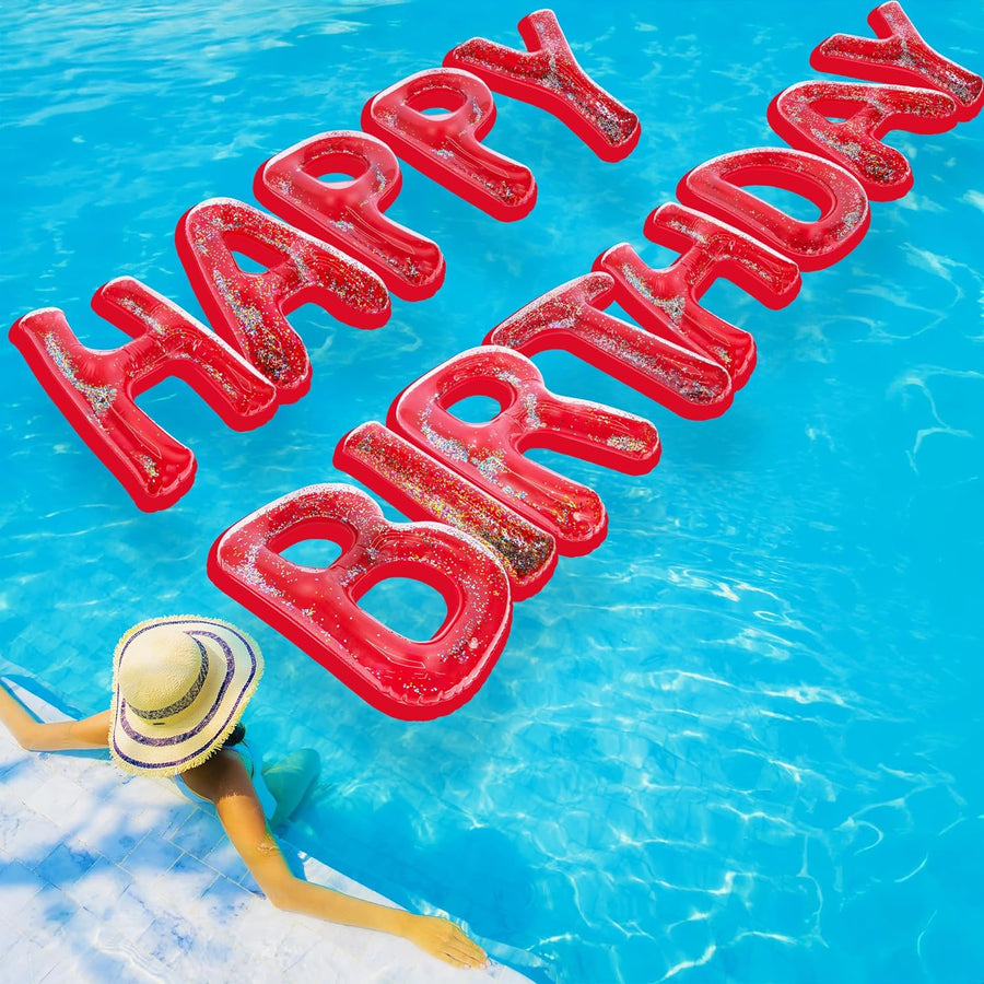 Happy Birthday Pool Party Decorations - Red Happy Birthday Pool Float with Confetti Inside - Large 20 Inch Floating Pool Letters with Velcro Ties
