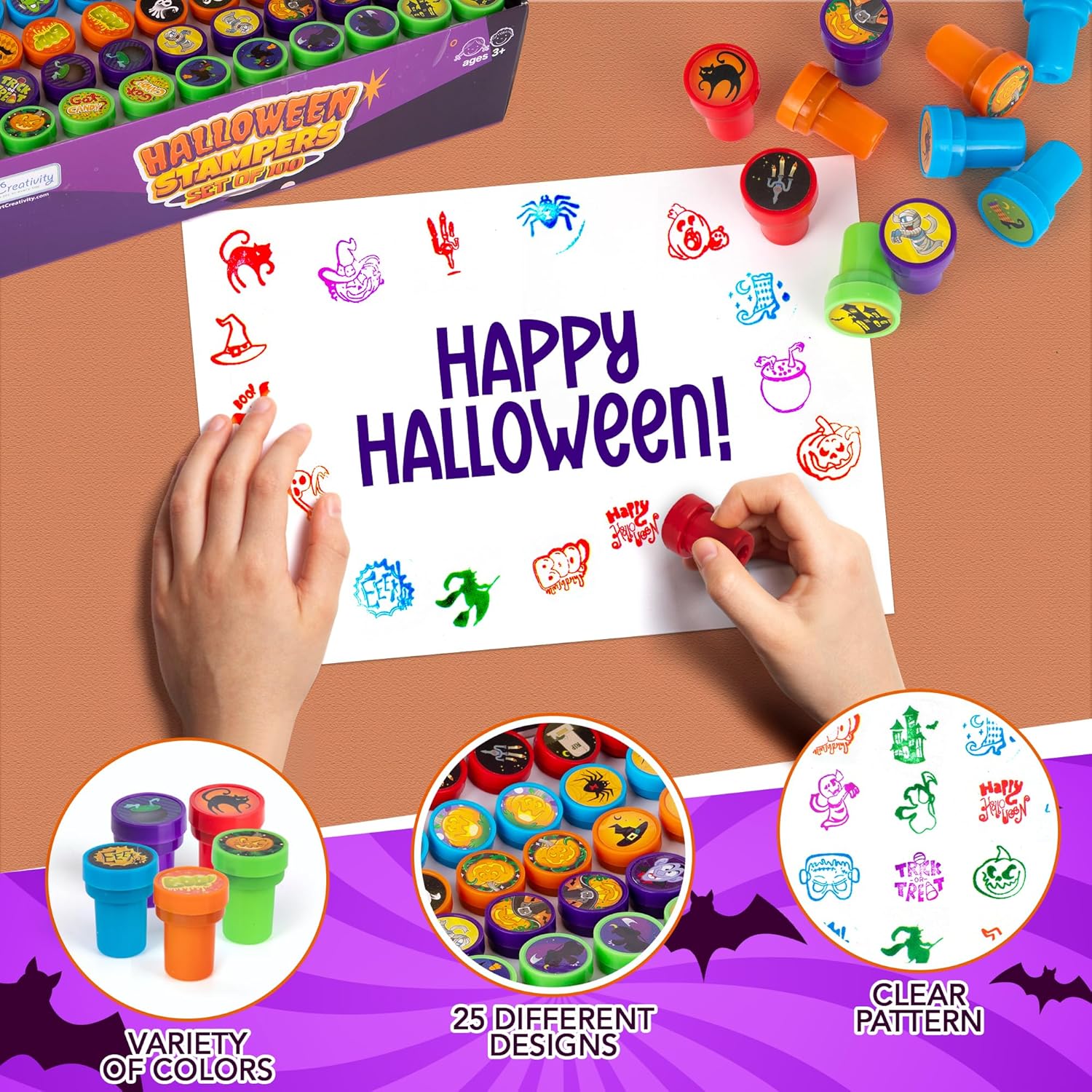 Bulk Halloween Stampers for Kids - Set of 100 Halloween Stamps - Assorted Trick or Treat Stamper Designs for Halloween