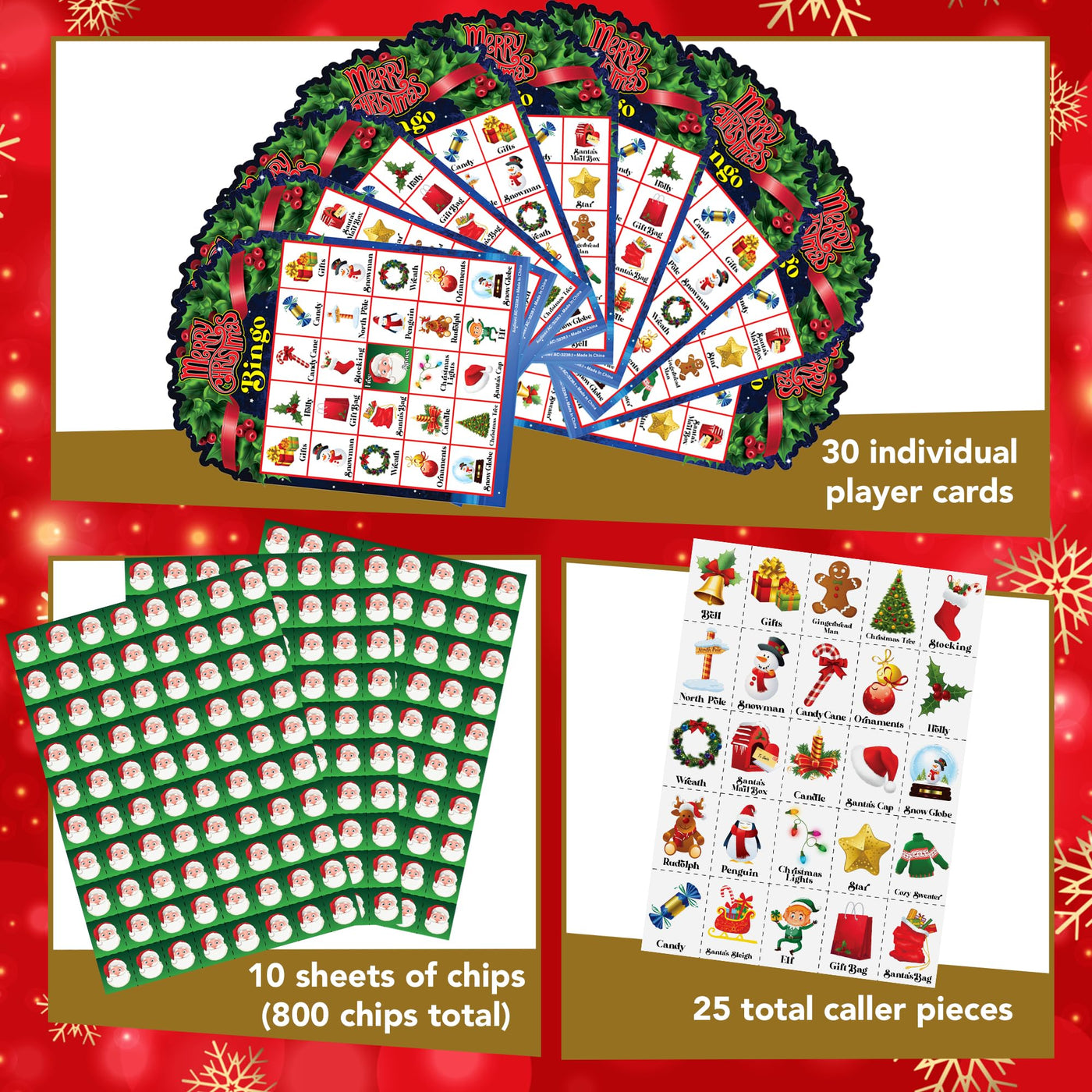 Christmas Bingo Game - 855 PC Kids Christmas Bingo - Bingo Christmas Game with 30 Player Cards - Holiday Bingo Game for Family Game Night