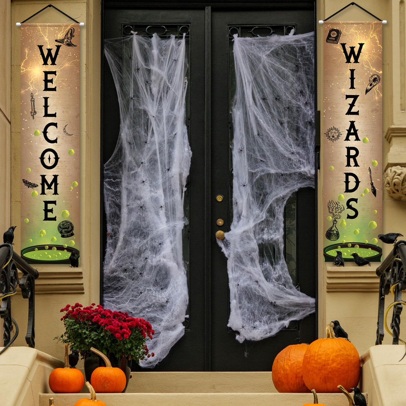 Welcome Wizards Door Banner - 2 Pieces - 4 Feet Long Wizard Banner - Polyester Magic Party Banners with Dowels and String for Easy Hanging