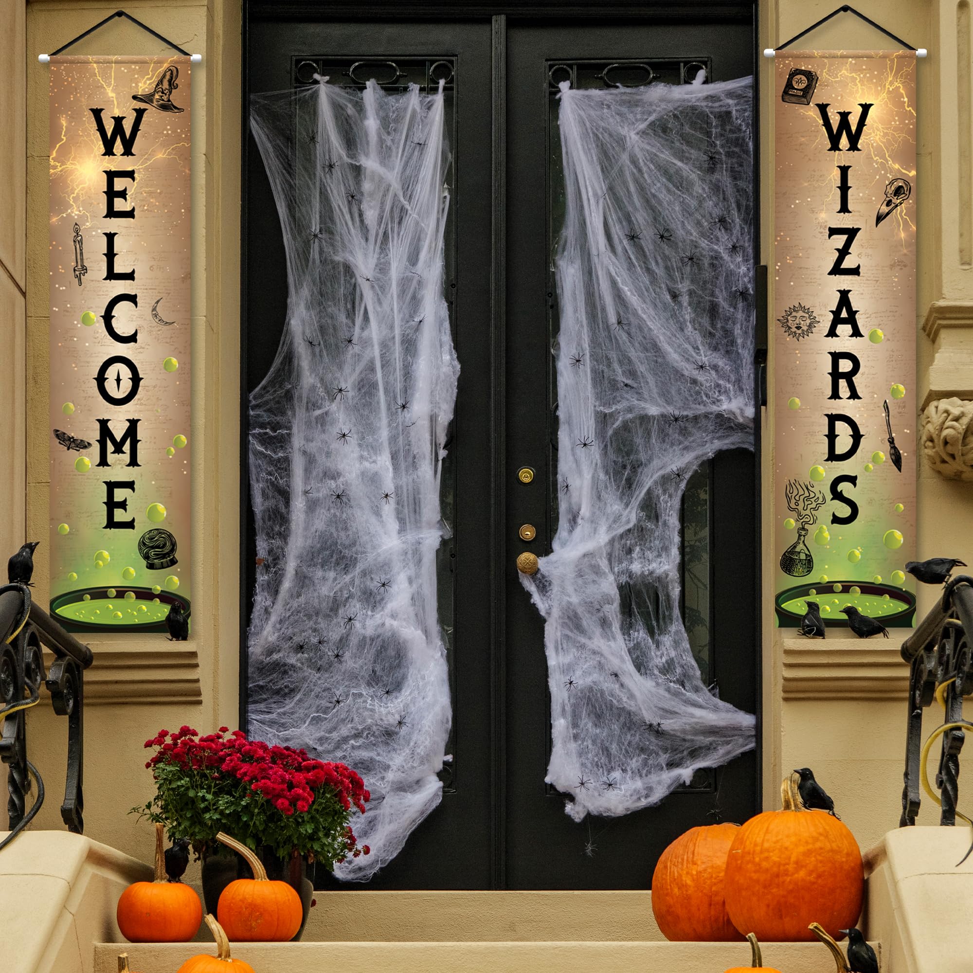 Welcome Wizards Door Banner - 2 Pieces - 4 Feet Long Wizard Banner - Polyester Magic Party Banners with Dowels and String for Easy Hanging