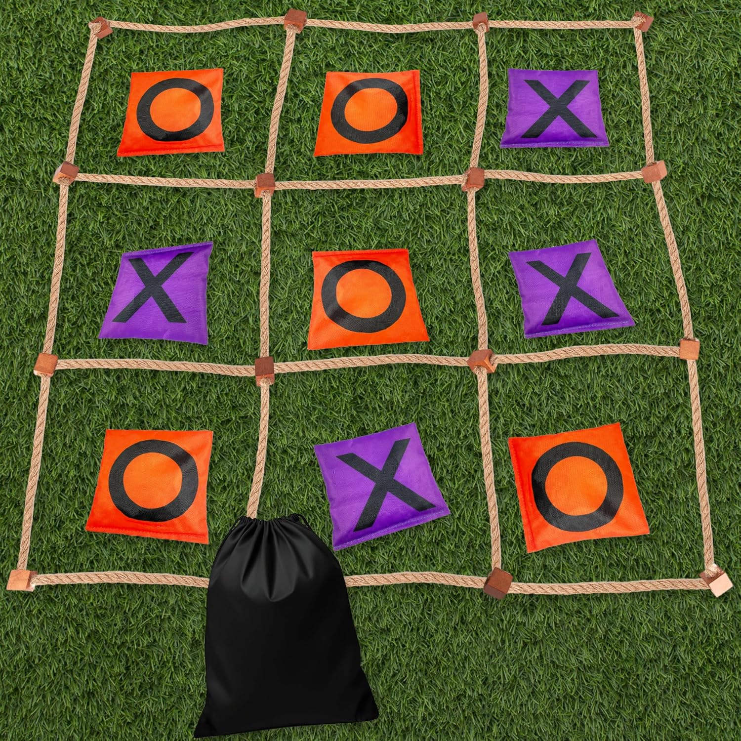 Giant Tic Tac Toe Game Outdoor - 3 x 3 Feet - Includes Rope Grid, 10 Bean Bag Play Pieces, and 1 Drawstring Carry Bag - Large Yard Games - Outdoor Game for Patio, Picnic, Camping