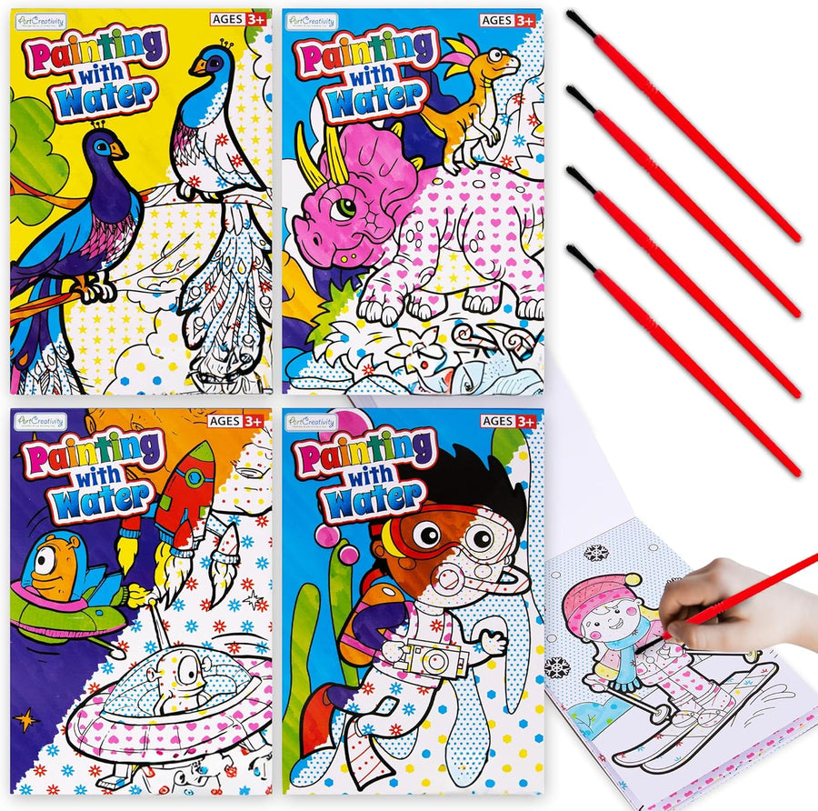 Water Painting Books for Toddlers - 4 Books and 4 Paintbrushes - Mess Free Water Art Supplies for Kids