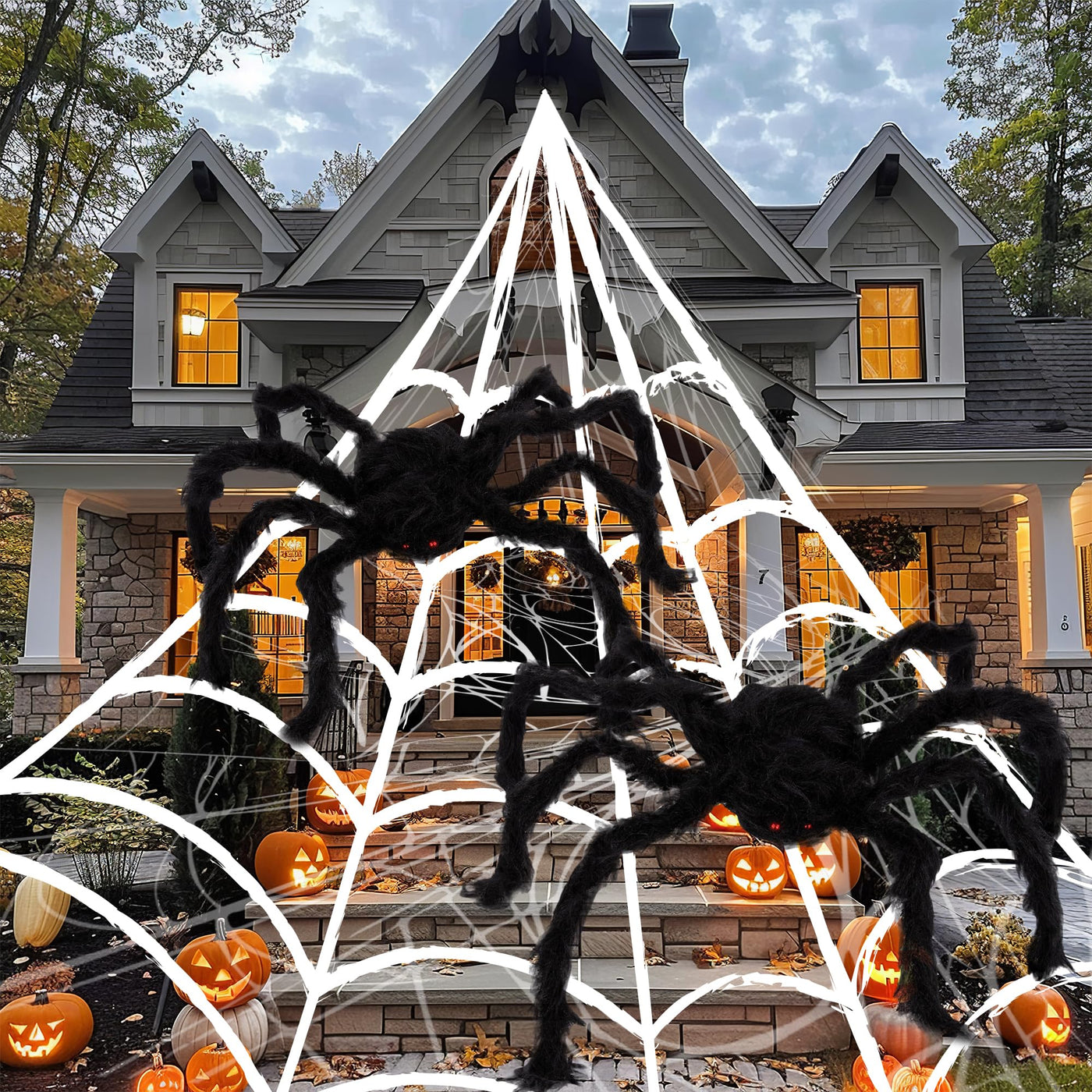 Giant Spider Halloween Decorations - Includes Two 24" Spiders and a 16.4' Spider Web - Outdoor Spider Web Decoration with 2 Giant Spiders