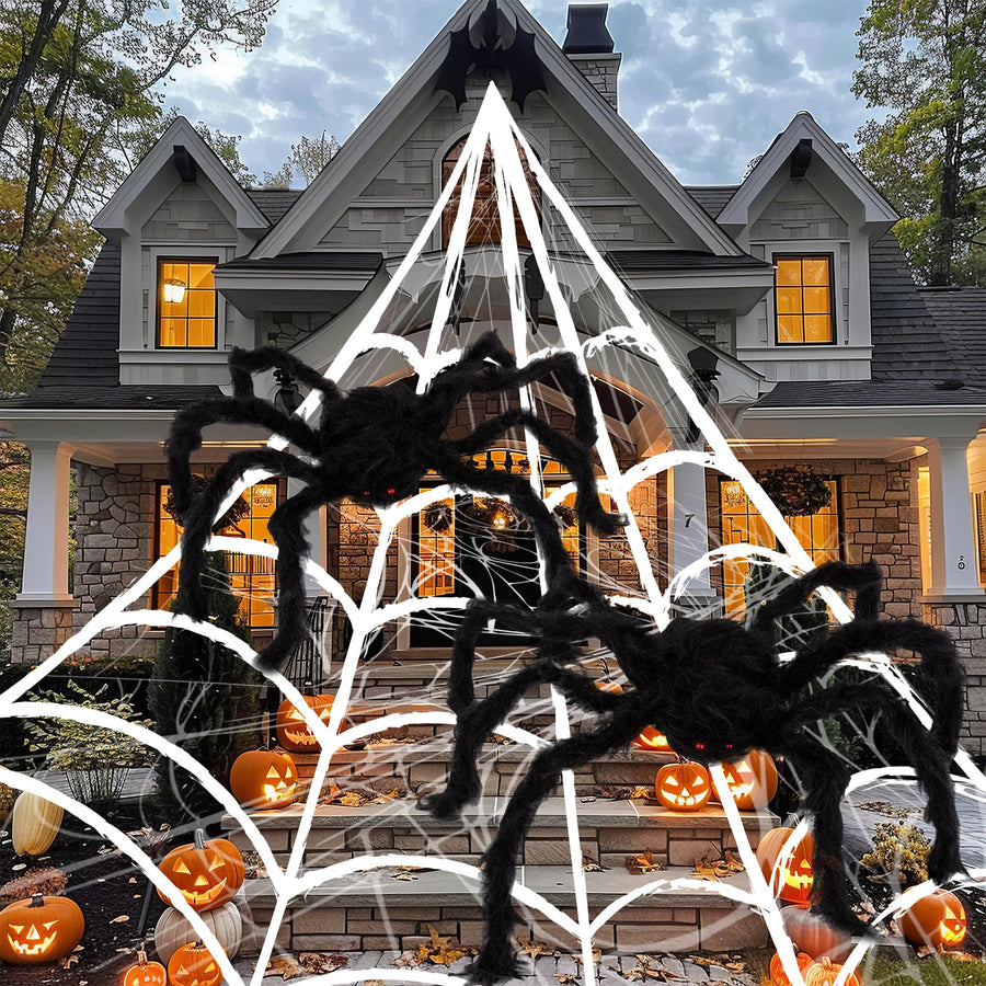 Giant Spider Halloween Decorations - Includes Two 24" Spiders and a 16.4' Spider Web - Outdoor Spider Web Decoration with 2 Giant Spiders