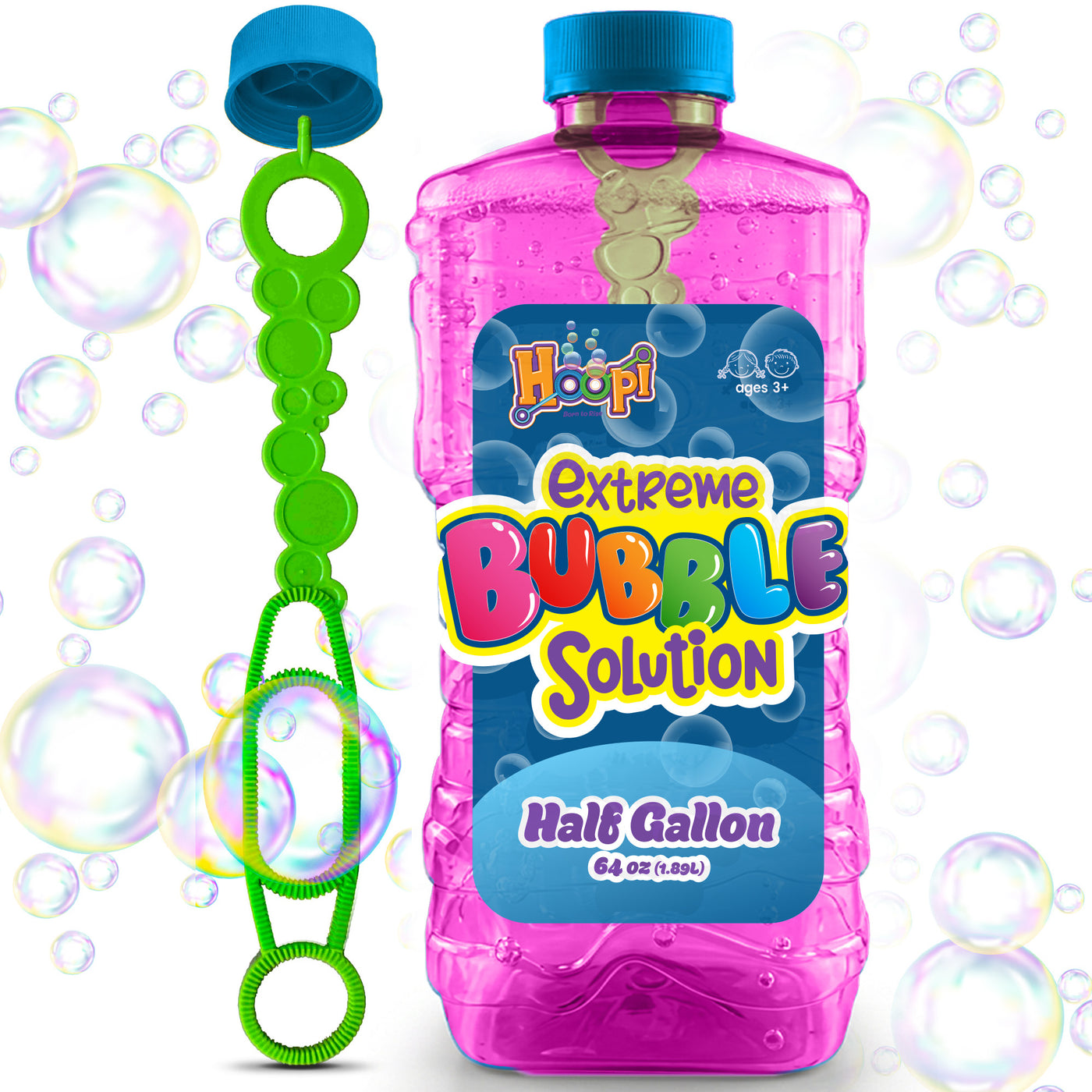 Hoopi RTU Bubbles Solution Bottle with Wand for Kids - Half Gallon Bubble Solution - Pink Bottle