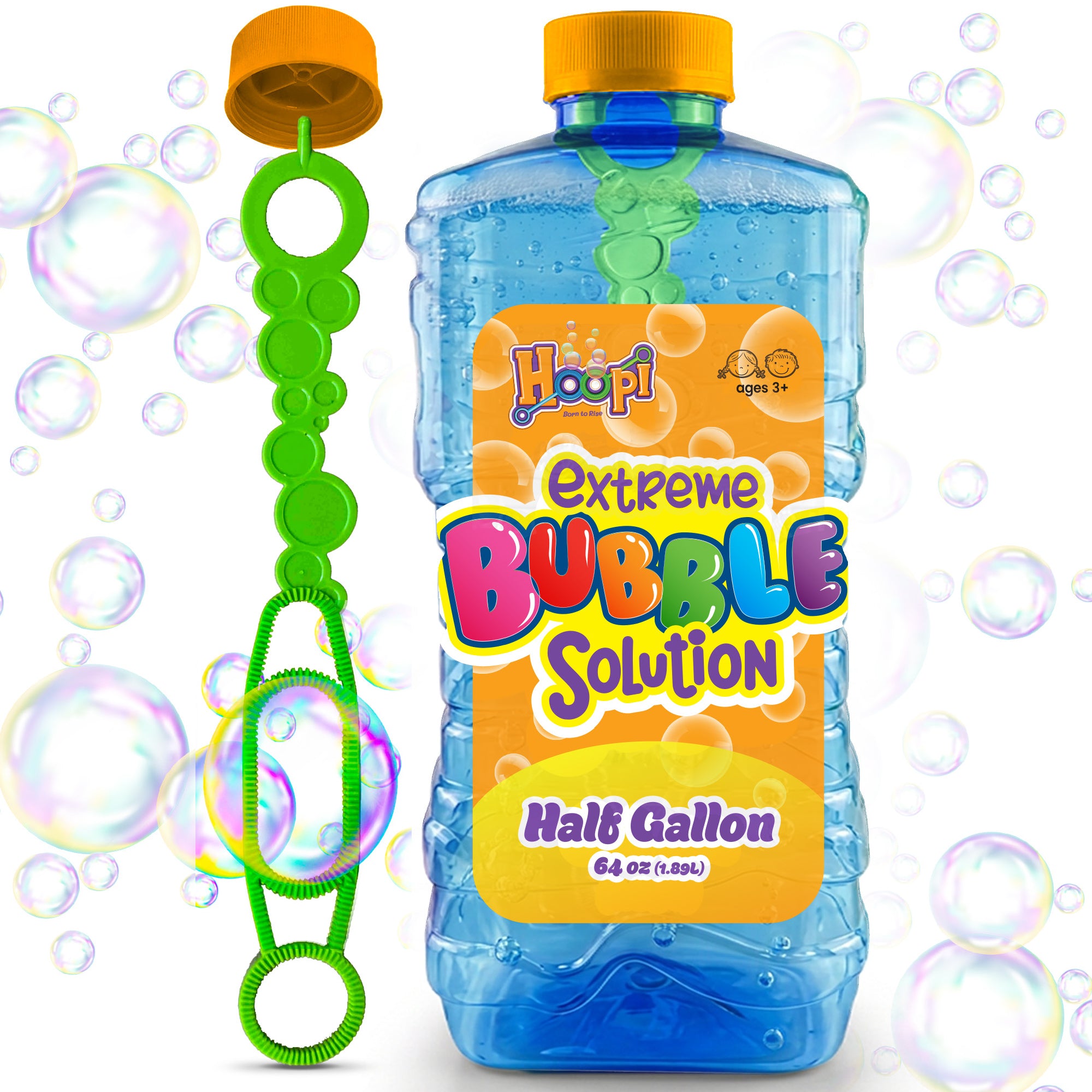 Hoopi RTU Bubbles Solution Bottle with Wand for Kids - Half Gallon Bubble Solution - Blue Bottle