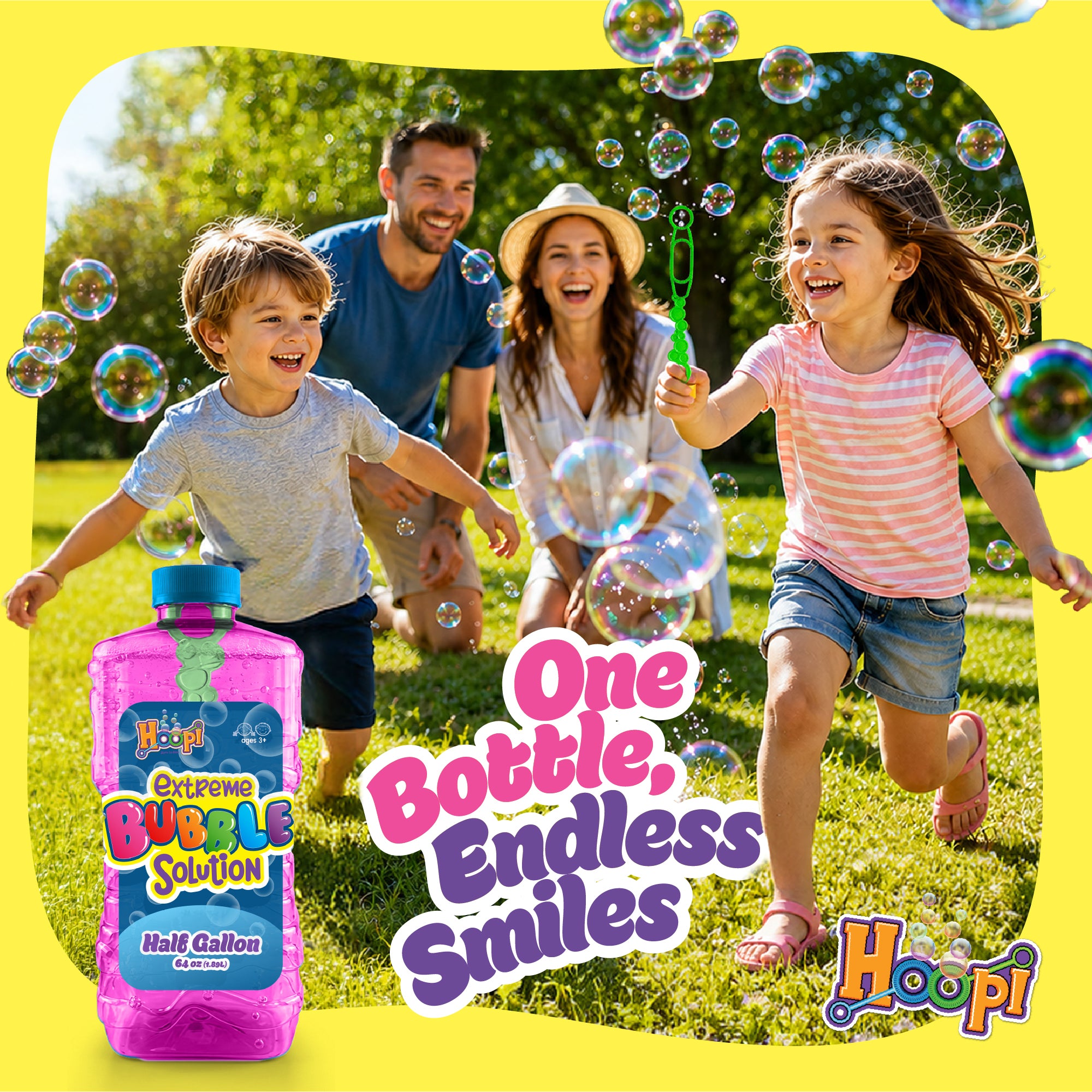 Hoopi RTU Bubbles Solution Bottle with Wand for Kids - Half Gallon Bubble Solution - Pink Bottle