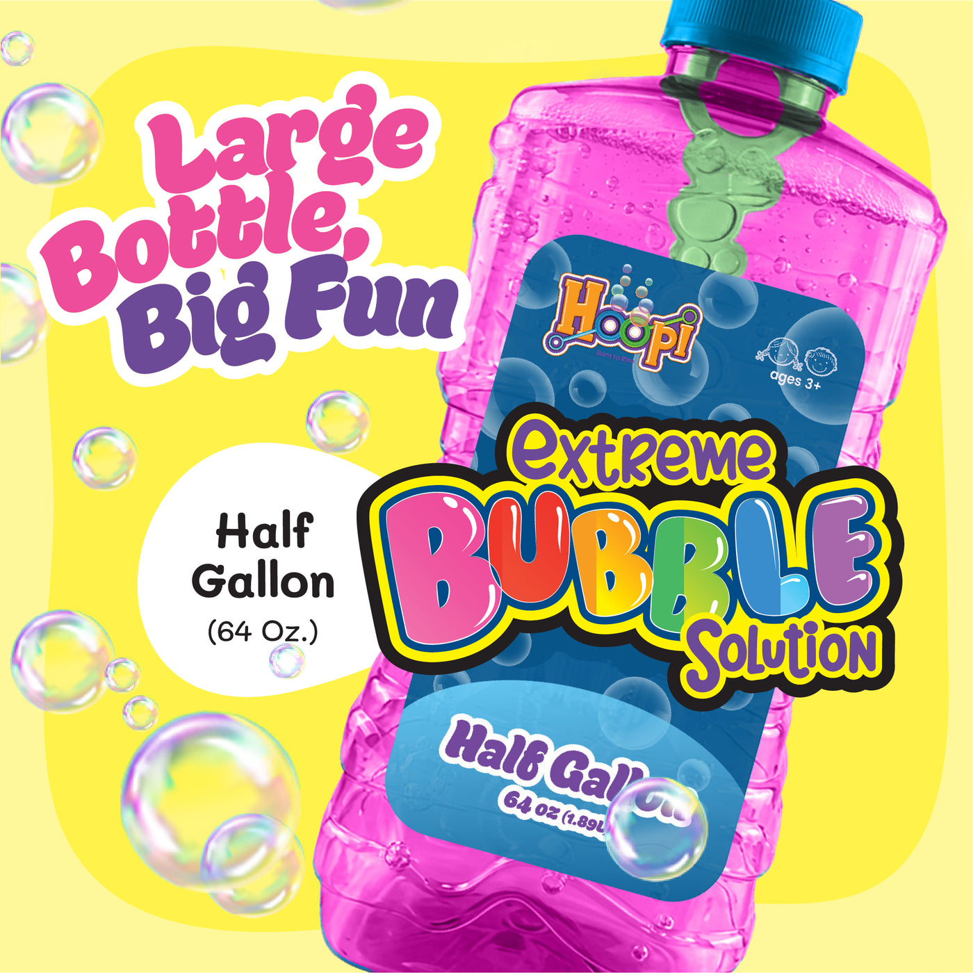 Hoopi RTU Bubbles Solution Bottle with Wand for Kids - Half Gallon Bubble Solution - Pink Bottle
