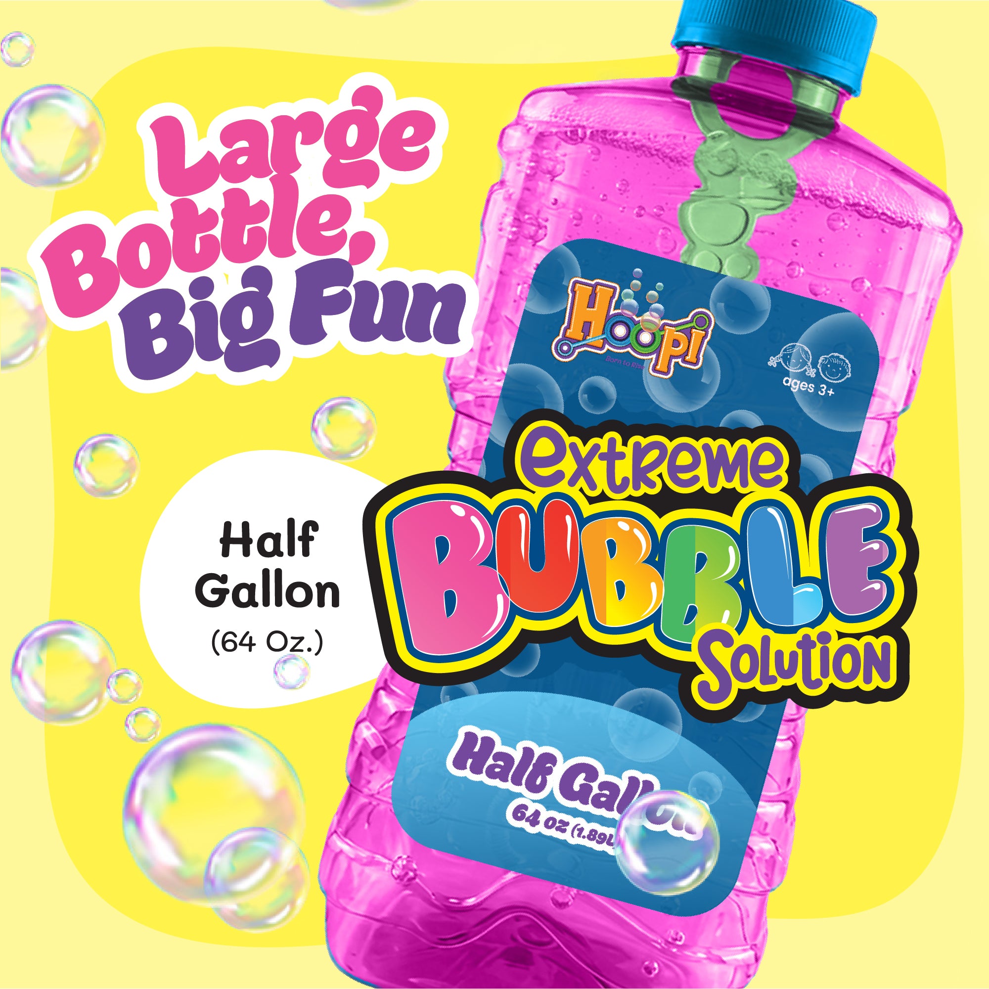 Hoopi RTU Bubbles Solution Bottle with Wand for Kids - Half Gallon Bubble Solution - Pink Bottle