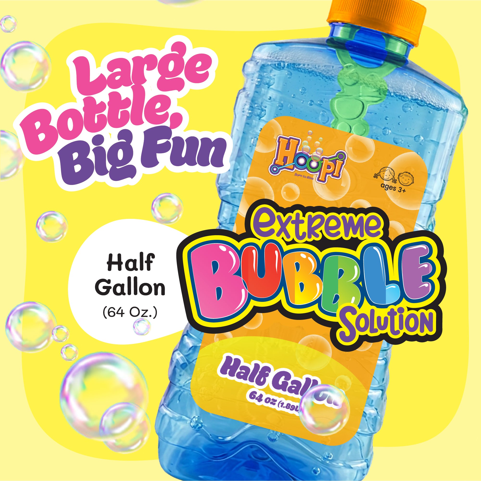 Hoopi RTU Bubbles Solution Bottle with Wand for Kids - Half Gallon Bubble Solution - Blue Bottle