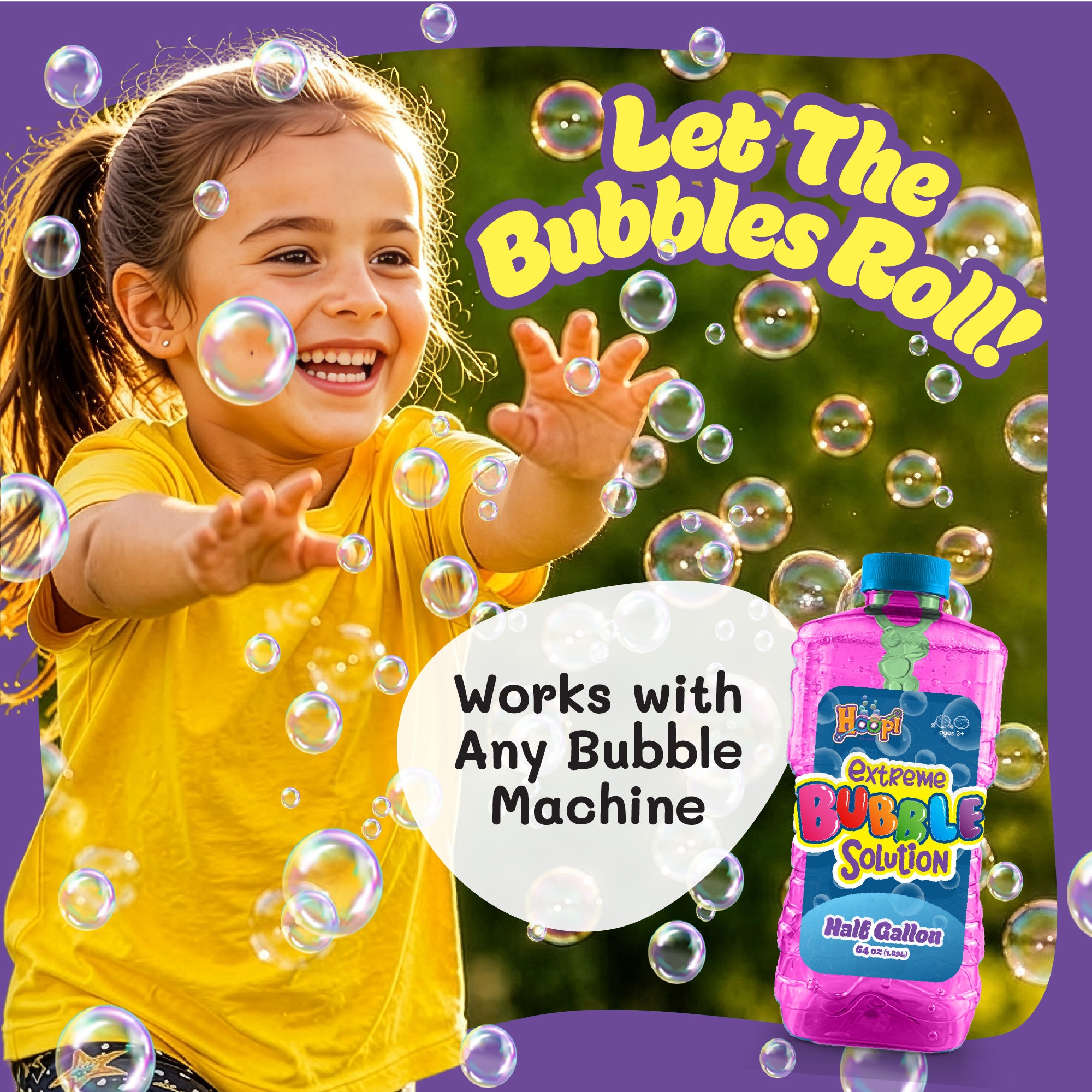 Hoopi RTU Bubbles Solution Bottle with Wand for Kids - Half Gallon Bubble Solution - Pink Bottle