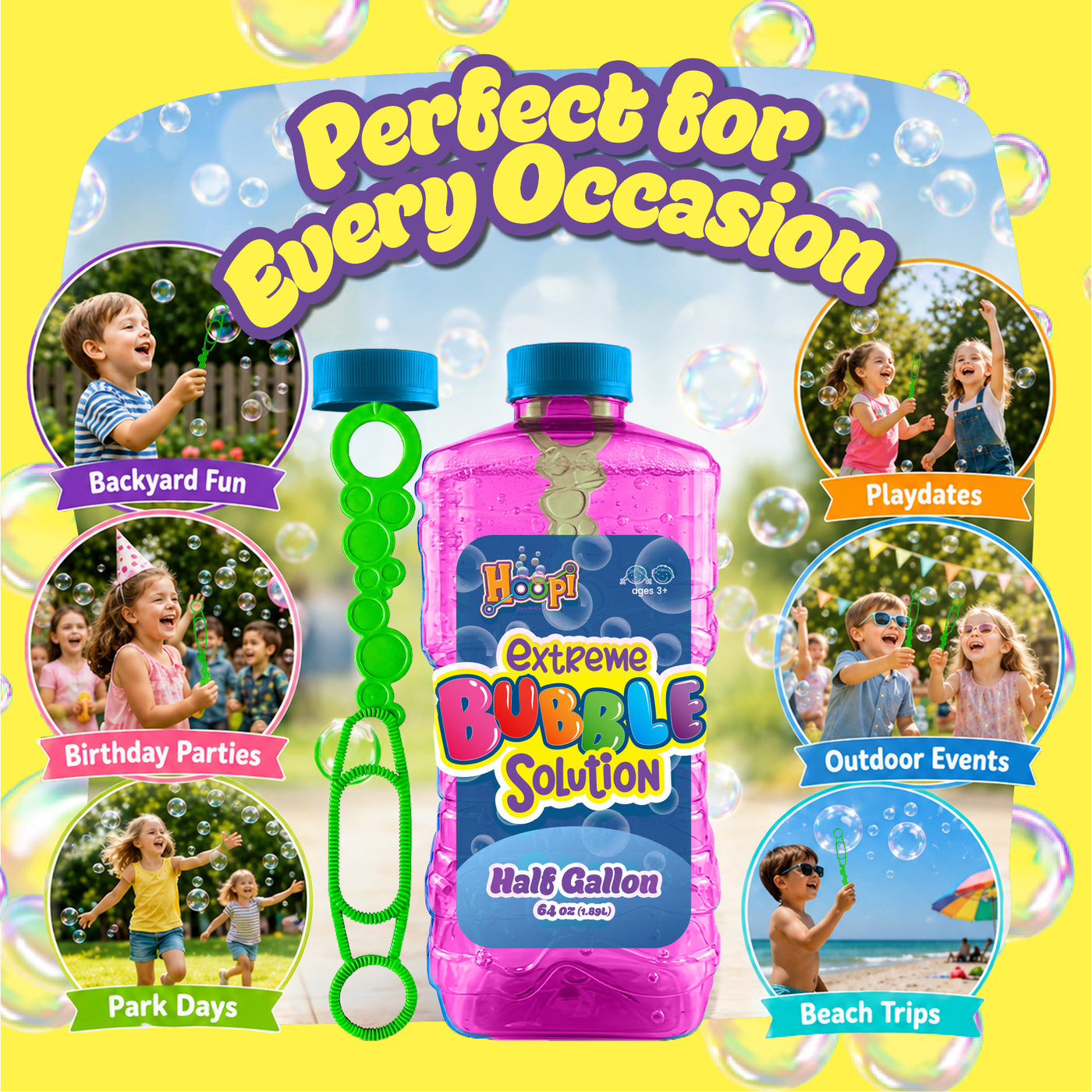 Hoopi RTU Bubbles Solution Bottle with Wand for Kids - Half Gallon Bubble Solution - Pink Bottle
