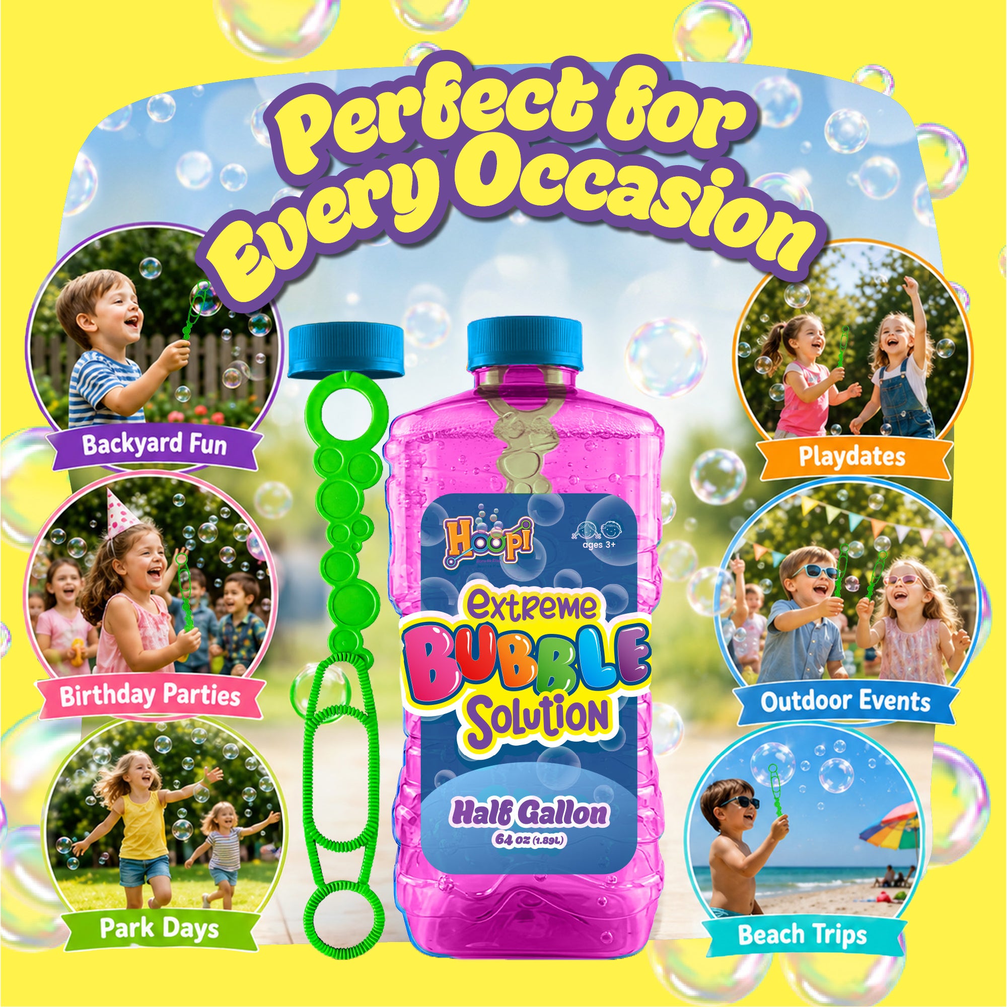 Hoopi RTU Bubbles Solution Bottle with Wand for Kids - Half Gallon Bubble Solution - Pink Bottle
