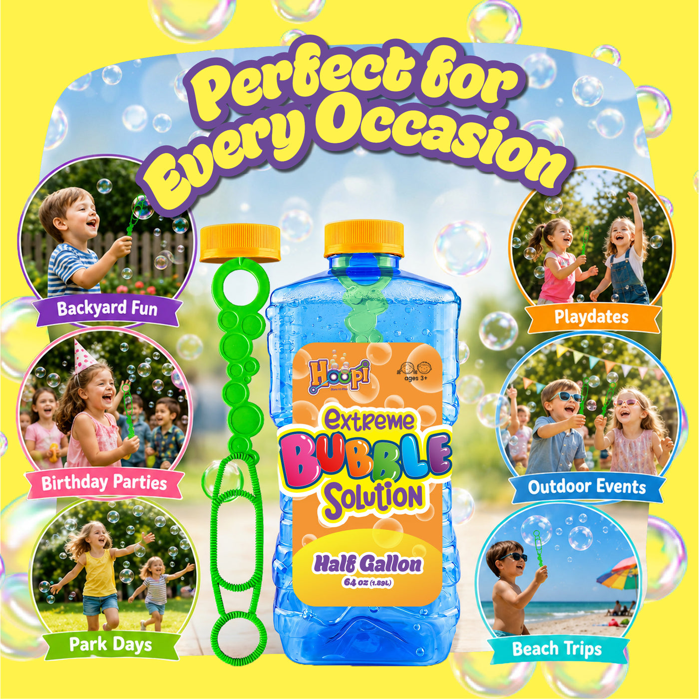 Hoopi RTU Bubbles Solution Bottle with Wand for Kids - Half Gallon Bubble Solution - Blue Bottle