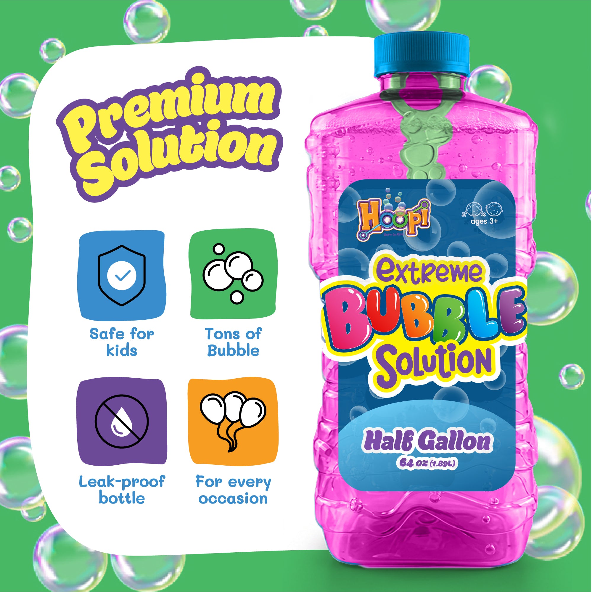Hoopi RTU Bubbles Solution Bottle with Wand for Kids - Half Gallon Bubble Solution - Pink Bottle
