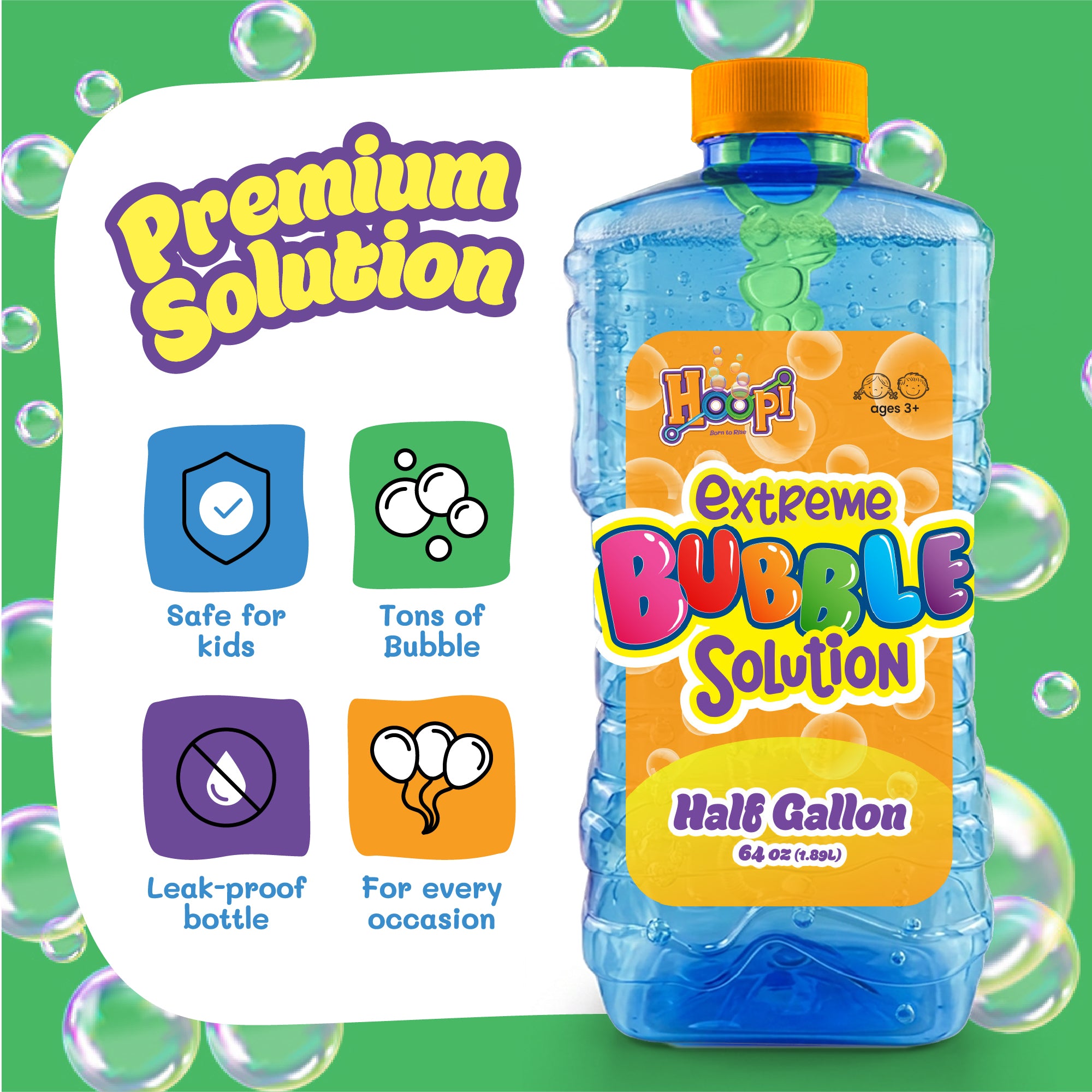 Hoopi RTU Bubbles Solution Bottle with Wand for Kids - Half Gallon Bubble Solution - Blue Bottle