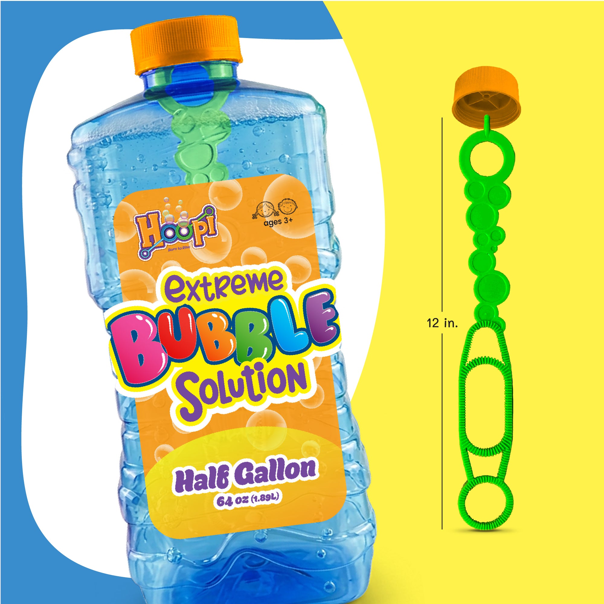 Hoopi RTU Bubbles Solution Bottle with Wand for Kids - Half Gallon Bubble Solution - Blue Bottle