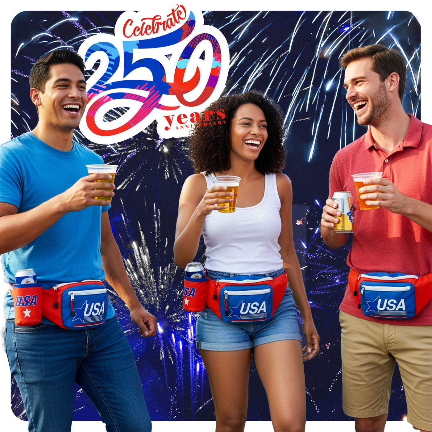 Patriotic Fanny Pack with Beer Can Holder - Patriotic Accessories in Red, White, and Blue - American Flag Overalls for USA Themed Parties, 4th of July Festivities, & Memorial Day