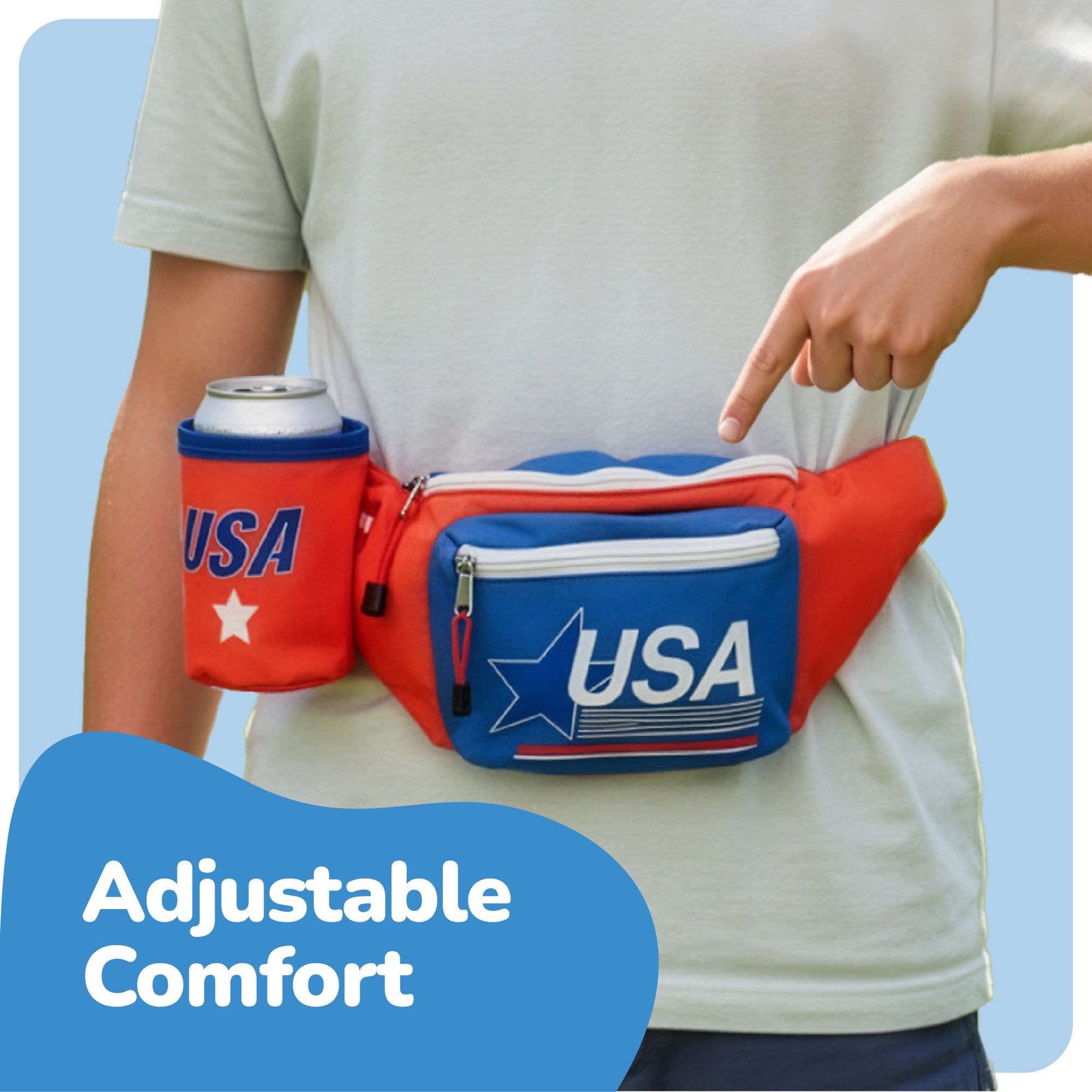 Patriotic Fanny Pack with Beer Can Holder - Patriotic Accessories in Red, White, and Blue - American Flag Overalls for USA Themed Parties, 4th of July Festivities, & Memorial Day