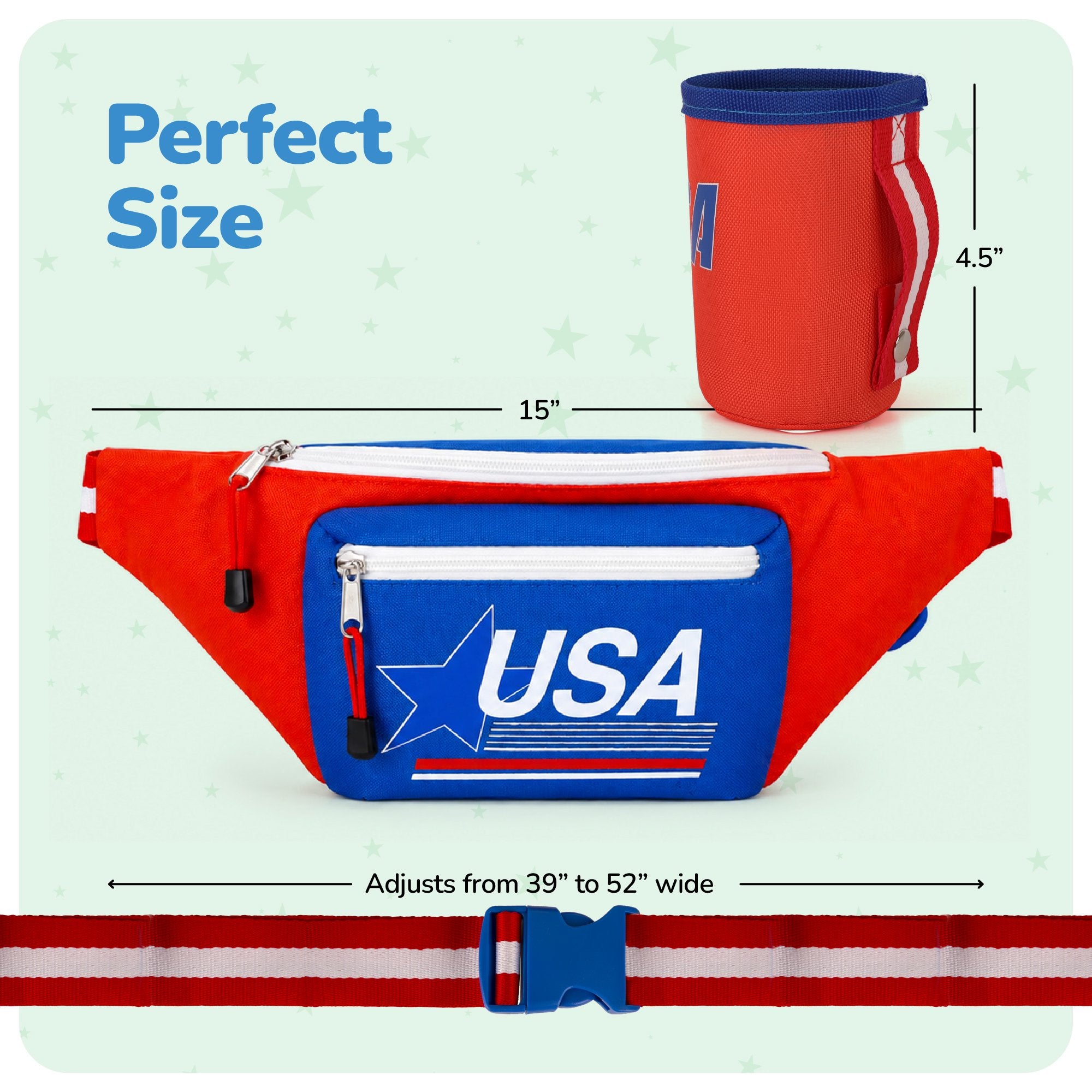 Patriotic Fanny Pack with Beer Can Holder - Patriotic Accessories in Red, White, and Blue - American Flag Overalls for USA Themed Parties, 4th of July Festivities, & Memorial Day