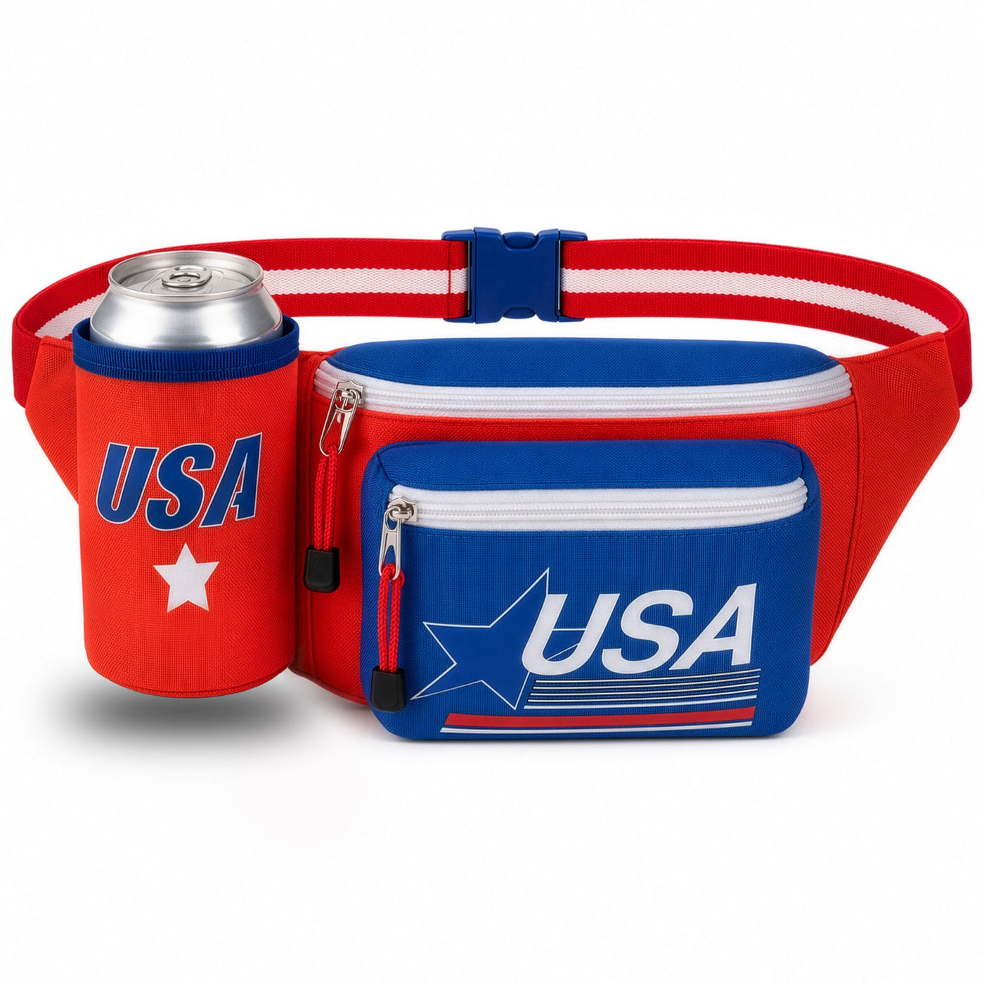Patriotic Fanny Pack with Beer Can Holder - Patriotic Accessories in Red, White, and Blue - American Flag Overalls for USA Themed Parties, 4th of July Festivities, & Memorial Day