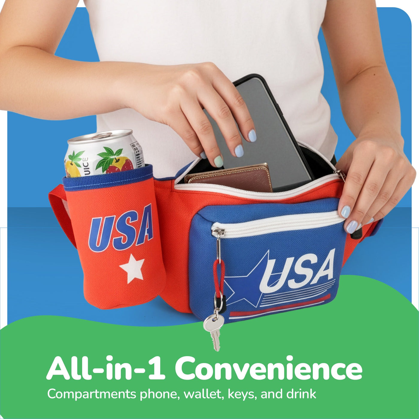 Patriotic Fanny Pack with Beer Can Holder - Patriotic Accessories in Red, White, and Blue - American Flag Overalls for USA Themed Parties, 4th of July Festivities, & Memorial Day