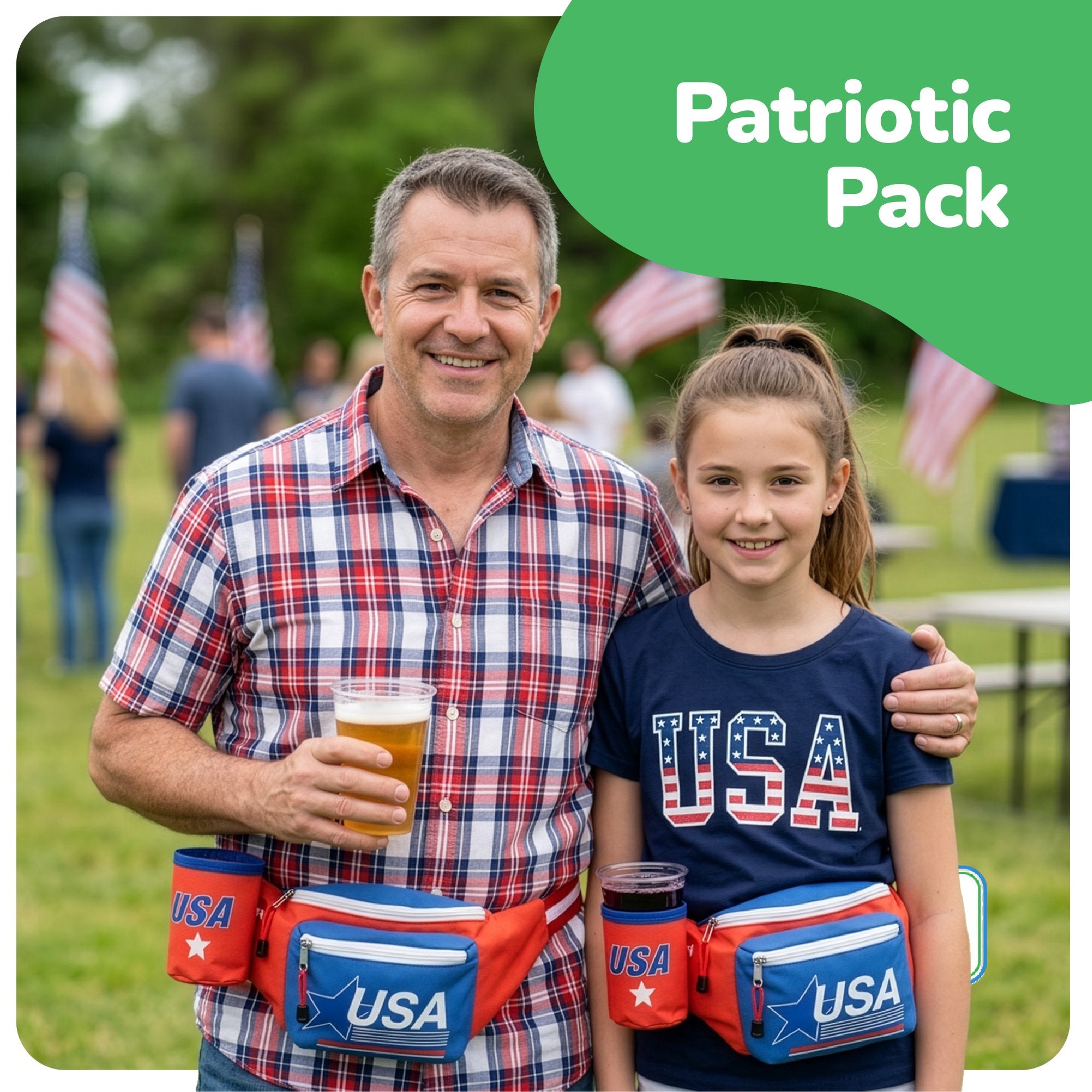 Patriotic Fanny Pack with Beer Can Holder - Patriotic Accessories in Red, White, and Blue - American Flag Overalls for USA Themed Parties, 4th of July Festivities, & Memorial Day