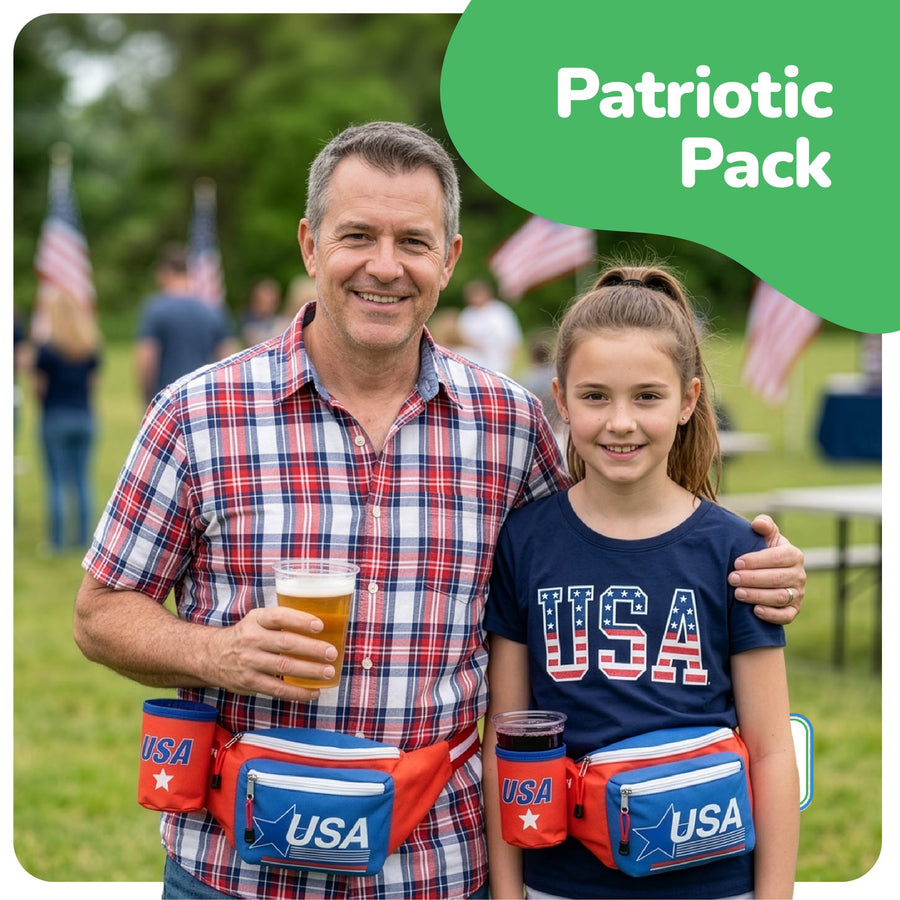 Patriotic Fanny Pack with Beer Can Holder - Patriotic Accessories in Red, White, and Blue - American Flag Overalls for USA Themed Parties, 4th of July Festivities, & Memorial Day