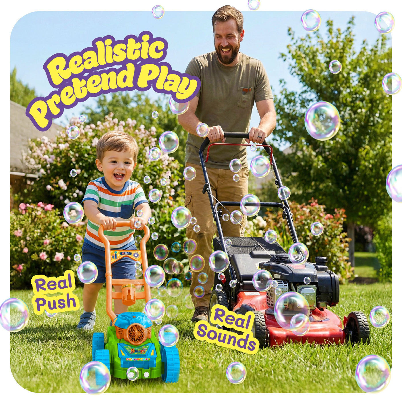 Hoopi Bubble Lawn Mower, Bubble Blowing Push Toy with 3 Solutions Bottles